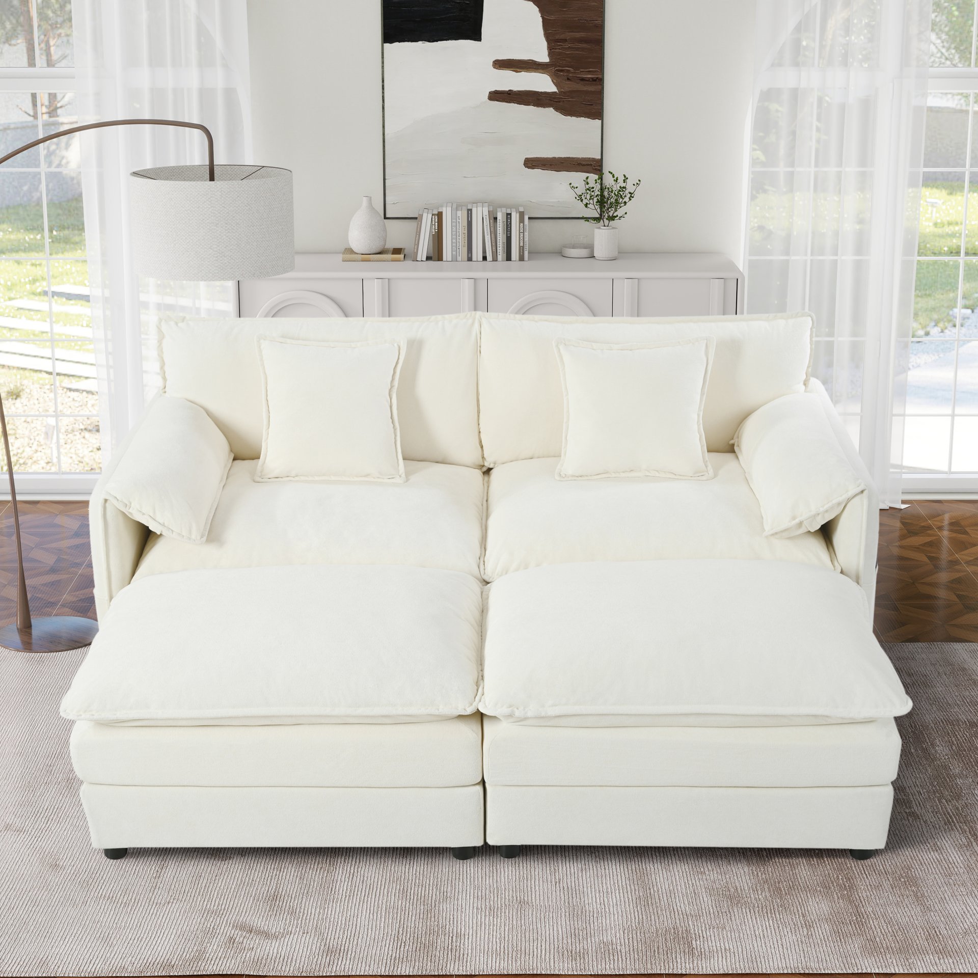 Deep Seat Sectional Cloud Sofa With 2 Ottomans & Soft Pillows, Modular Loveseat For Living Room - Beige Chenille 75.59X57.48X33.46 Inches - Image 19