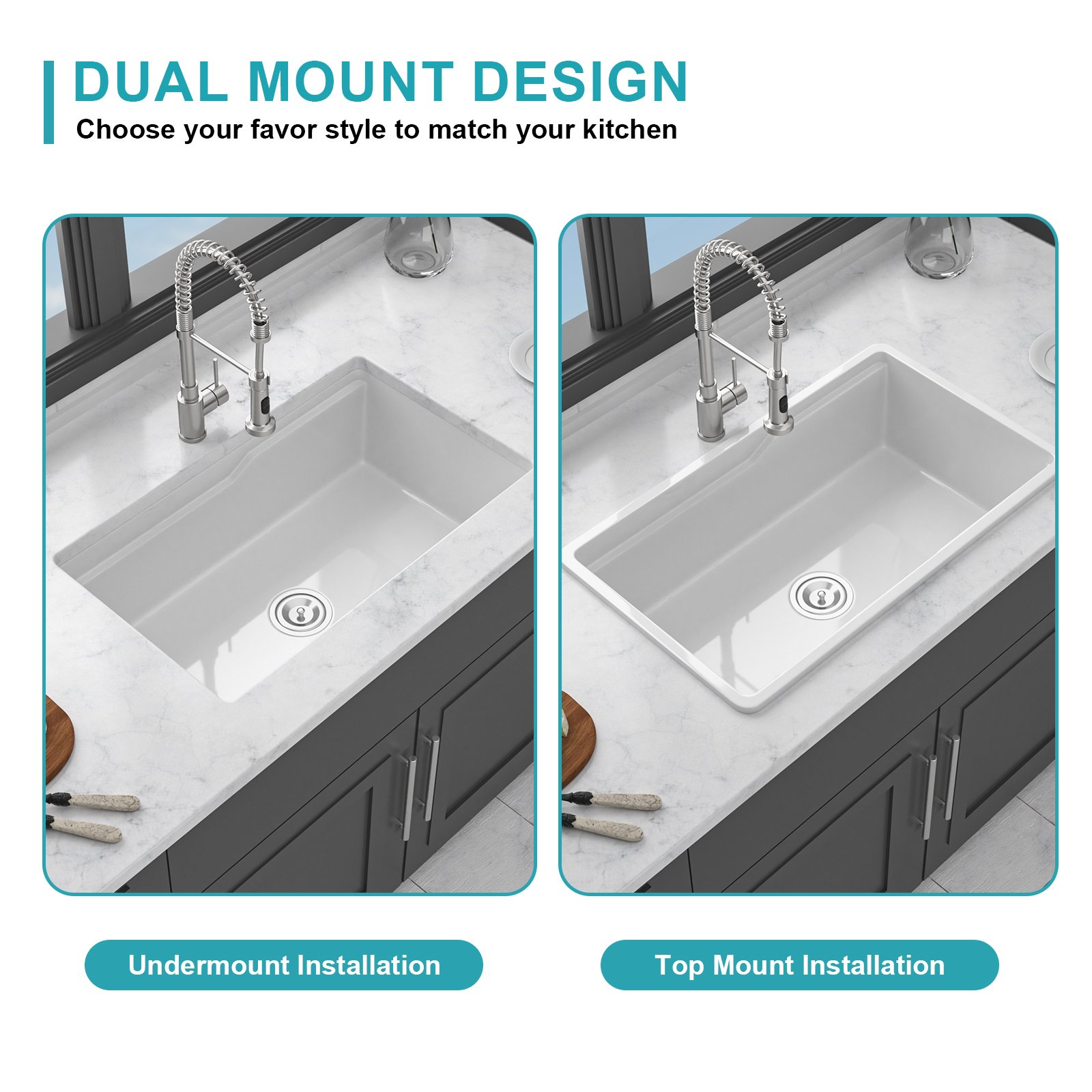 32" Undermount Workstation Single Bowl Kitchen Sink Rectangular Deep Bas With Dual Mount Installation - White - Image 10
