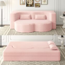 Floor Sofa With 2 Pillow, Full Size Folding Mattress For Living Room - Baby Pink