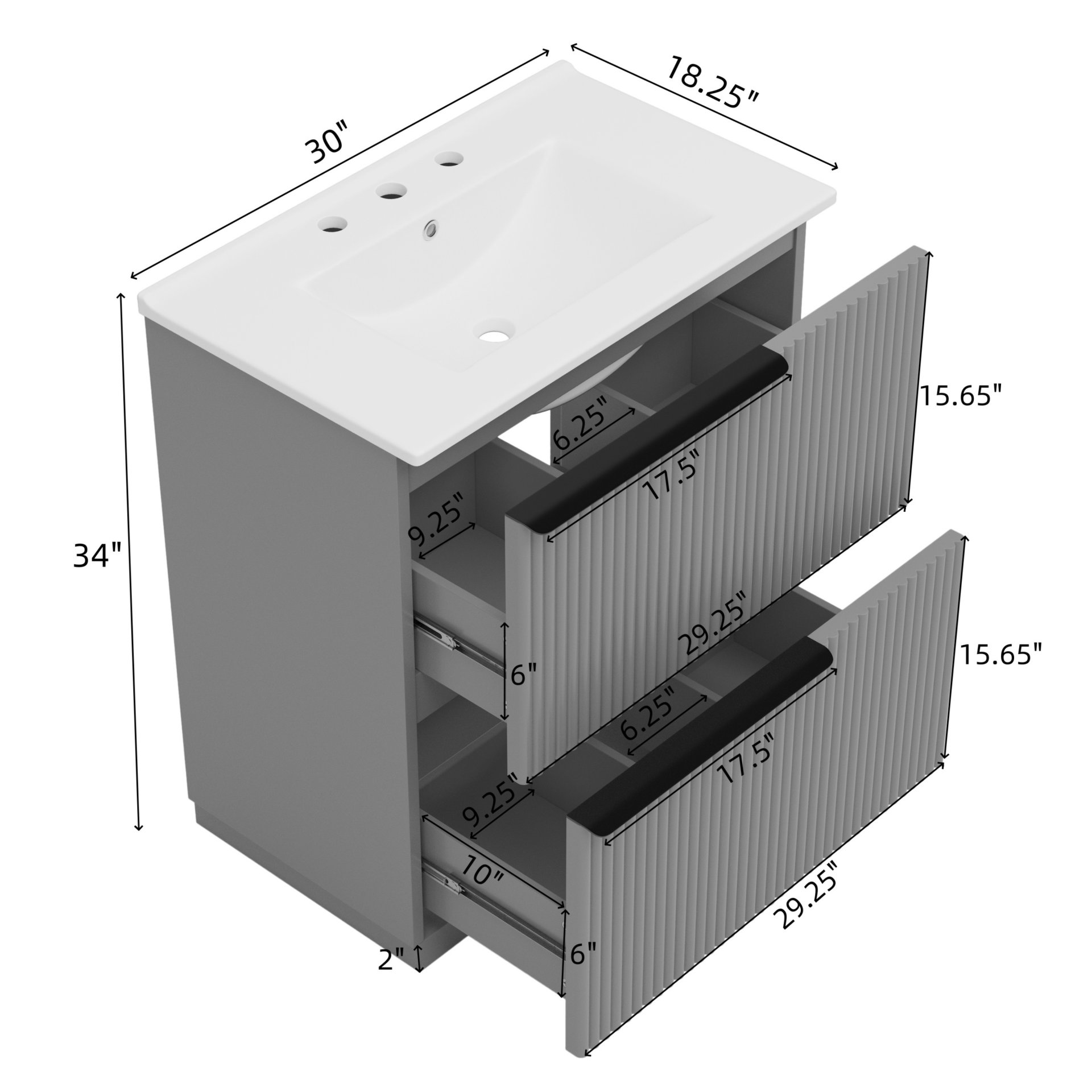 Fluted Bathroom Vanity With Sink, Full Extension Soft Close Drawers - Gray - Image 3