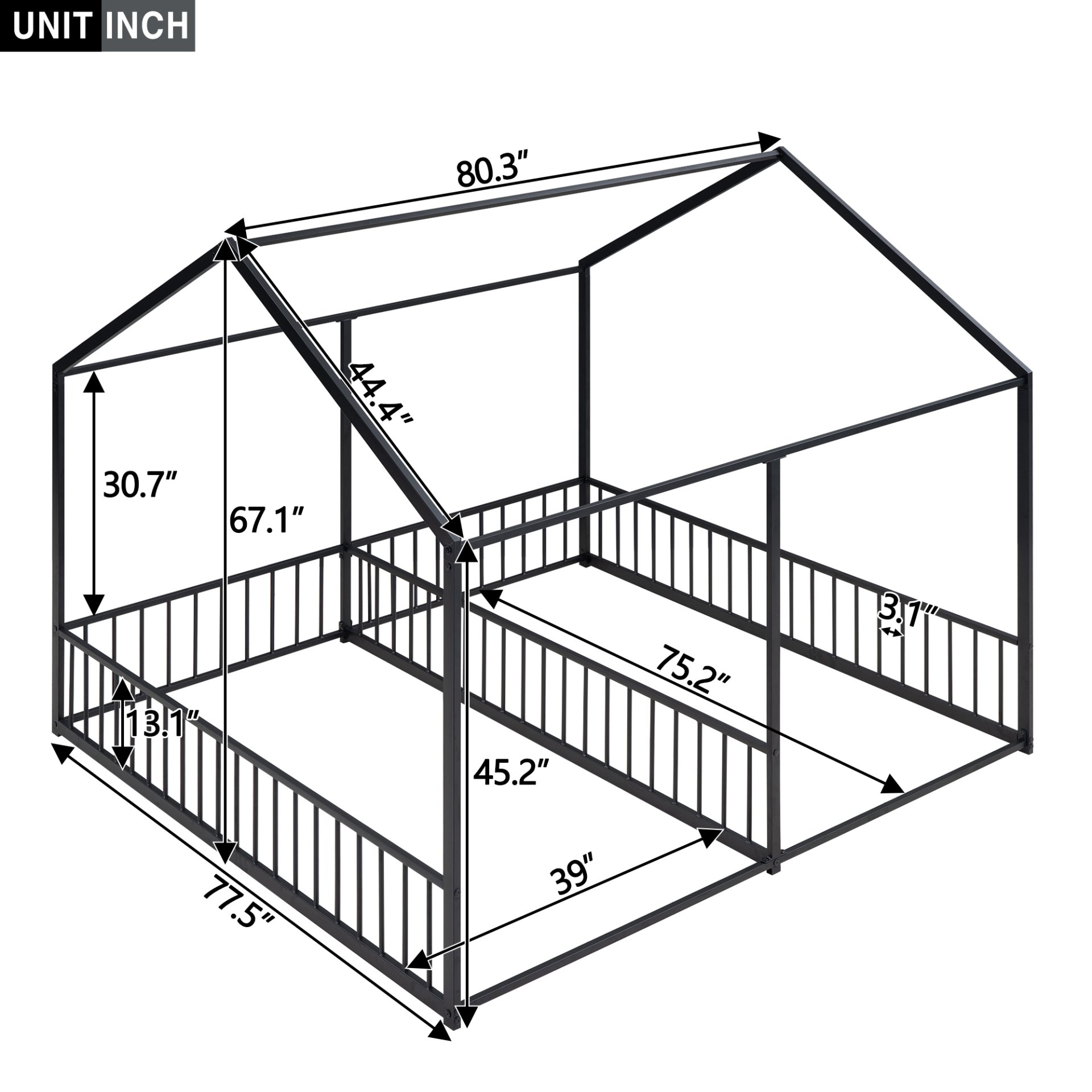 Twin Size House Platform Beds, 2 Shared Beds, Frame With Guardrails, Twin Twin Design - Black - Image 3