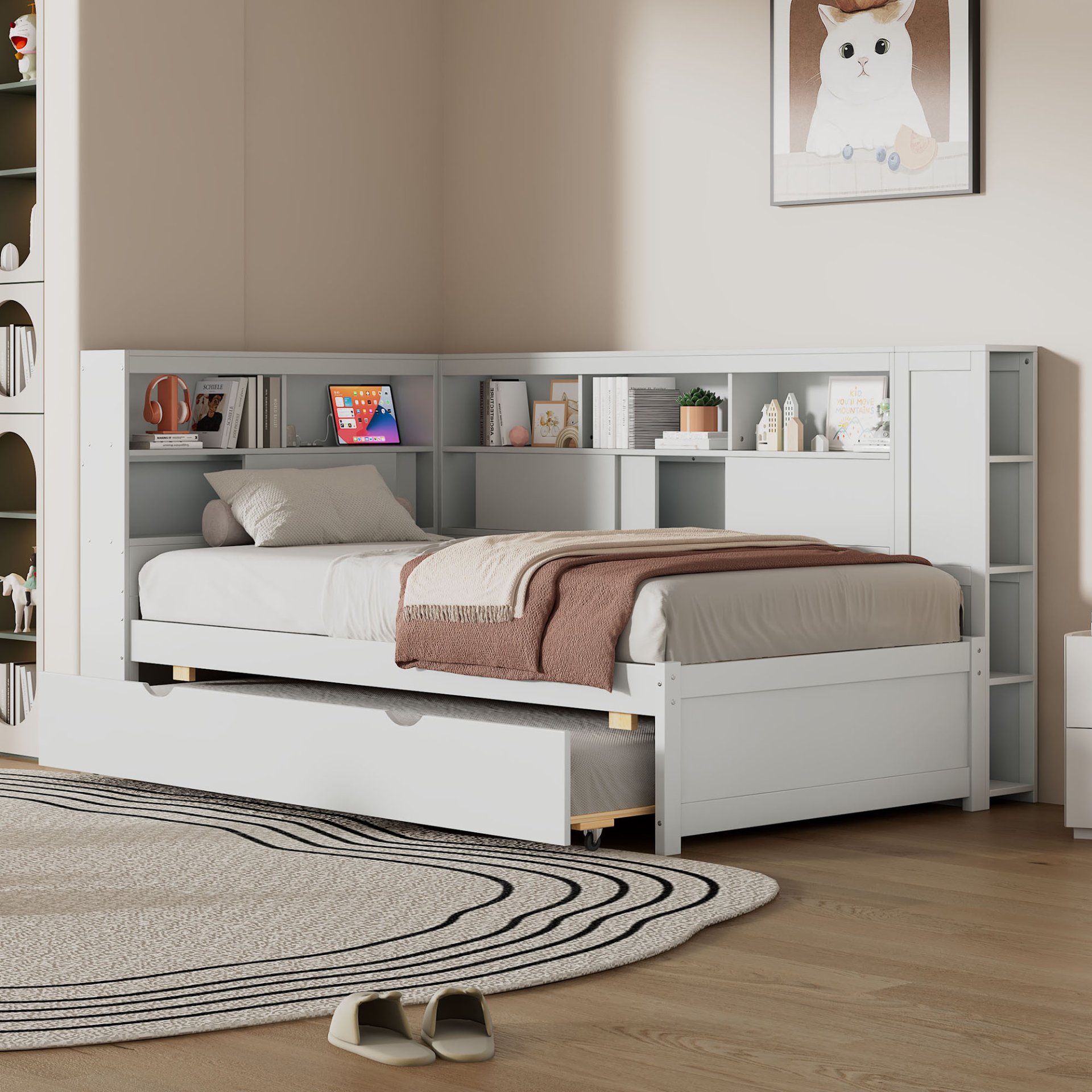 Twin Size Daybed With Storage Shelves, USB Charging, And Trundle Bed - White - Image 4