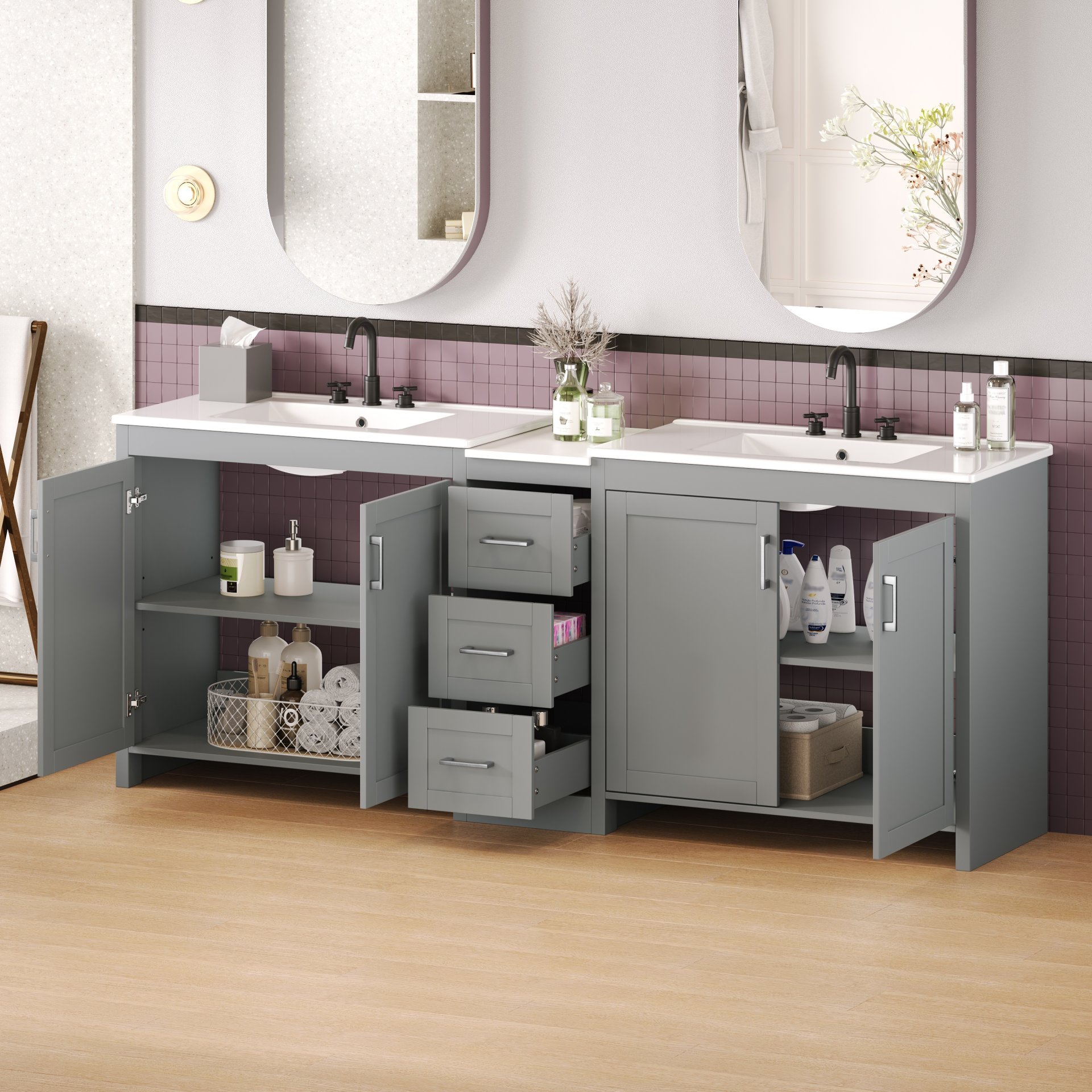 Double Sink Bathroom Vanity With Quartz Countertop, Adjustable Shelves, 3 Drawers - Gray - Image 5