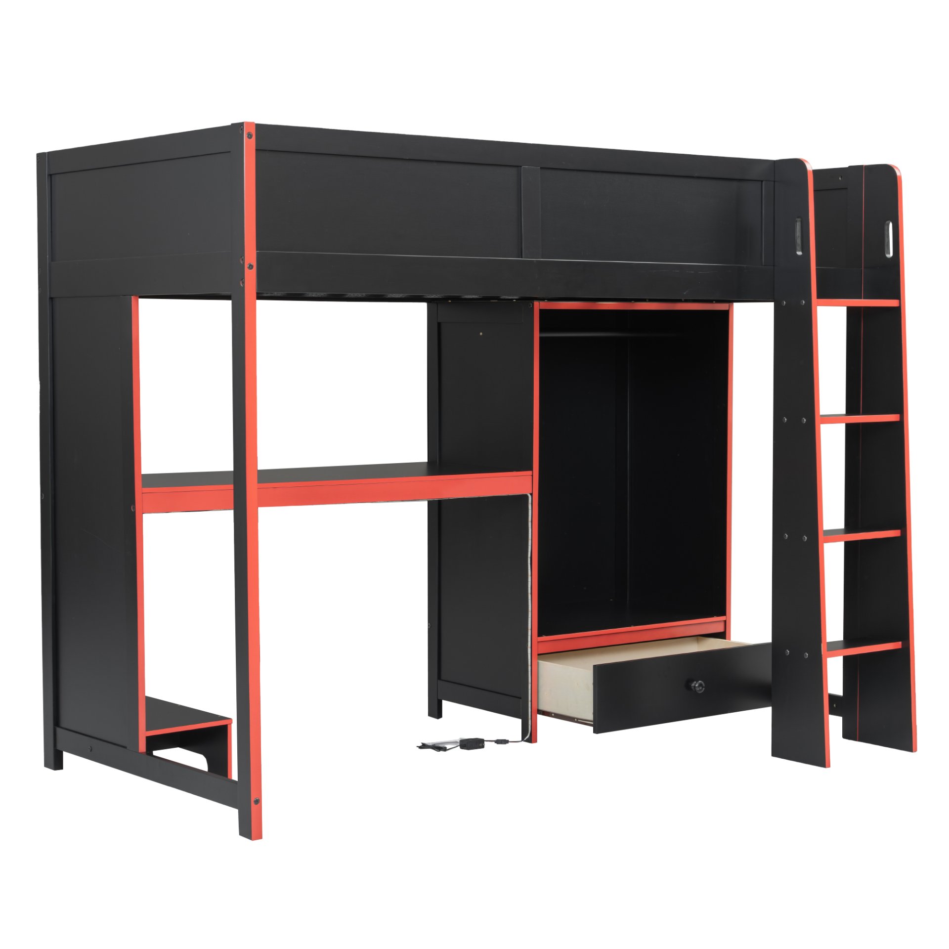 Twin Size Gaming Loft Bed With Built In Desk, Wardrobe, LED Lighting And Drawer - Black - Image 10