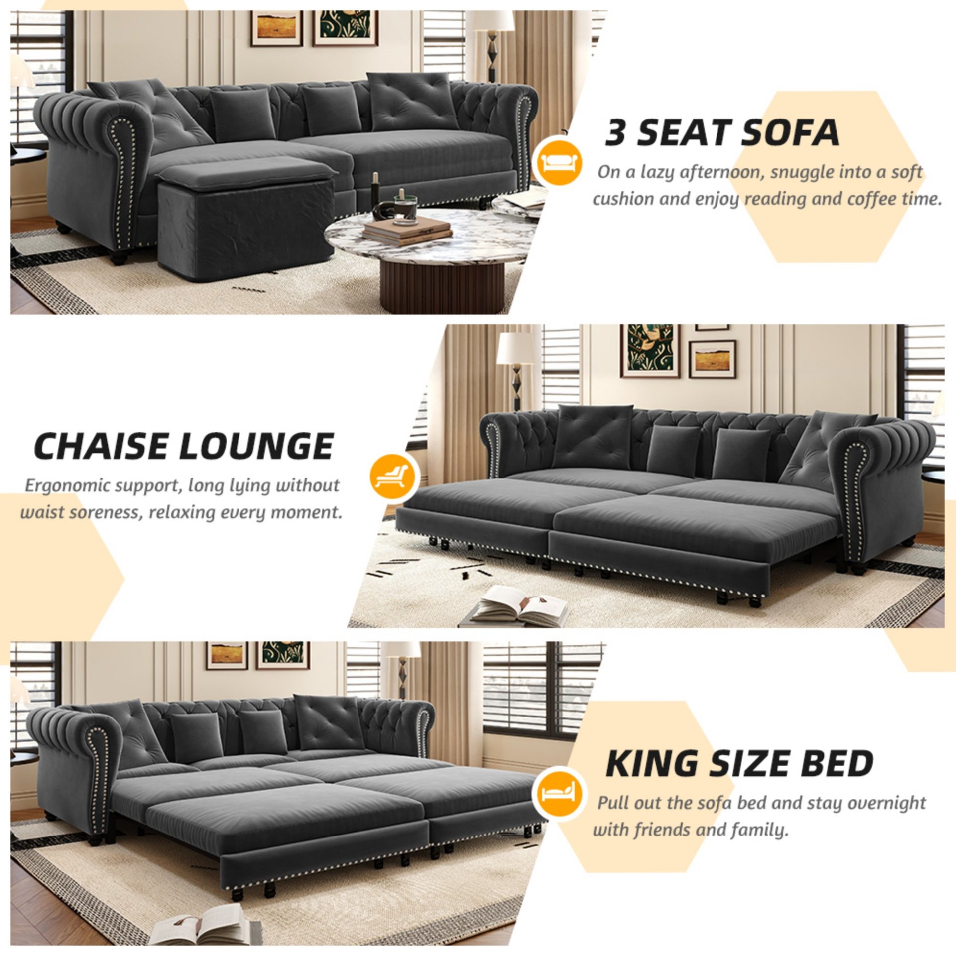 3 In 1 Pull Out Sofa Bed, Convertible Sleeper Sofa Bed, 3 Seater Sofa With Movable Ottoman - Gray - Image 12