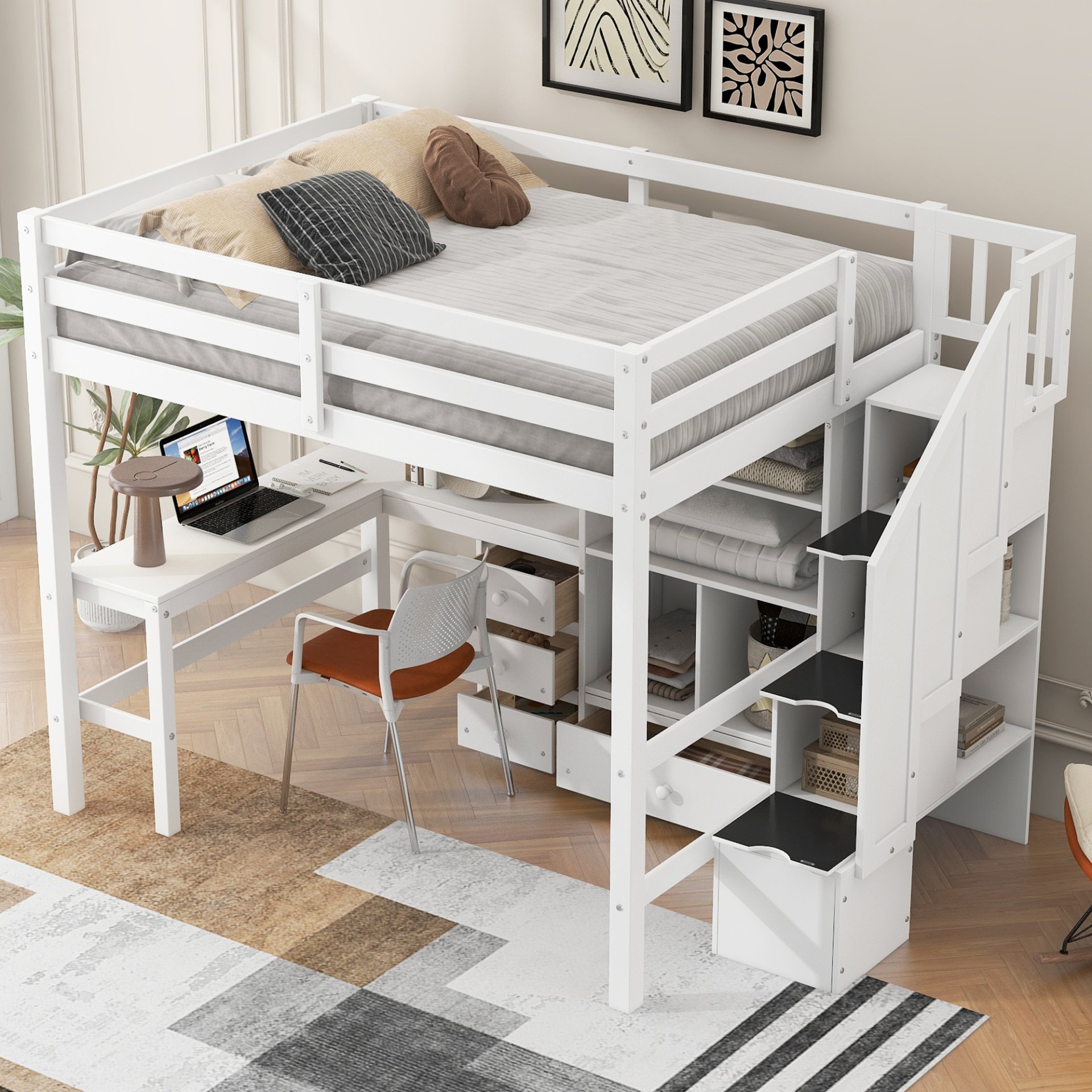 Full Size Loft Bed With L-Shaped Desk, Drawers, Cabinet, And Storage Staircase - White - Image 5