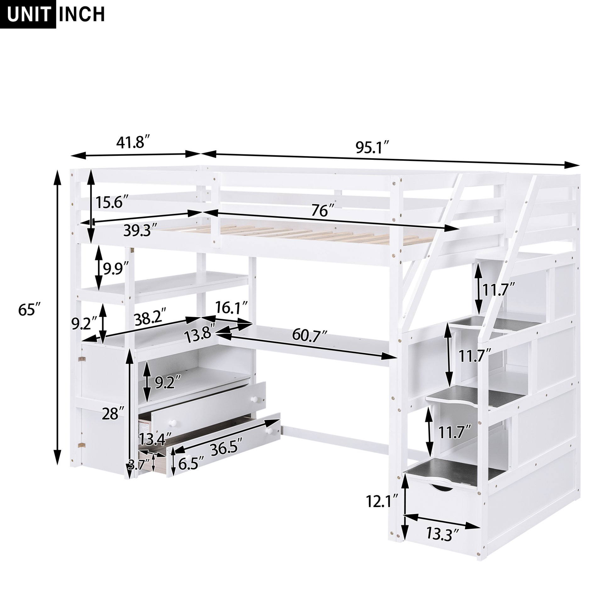 Twin Size Loft Bed With Built In Desk, Shelves, Drawers, And Storage Staircase - White - Image 3