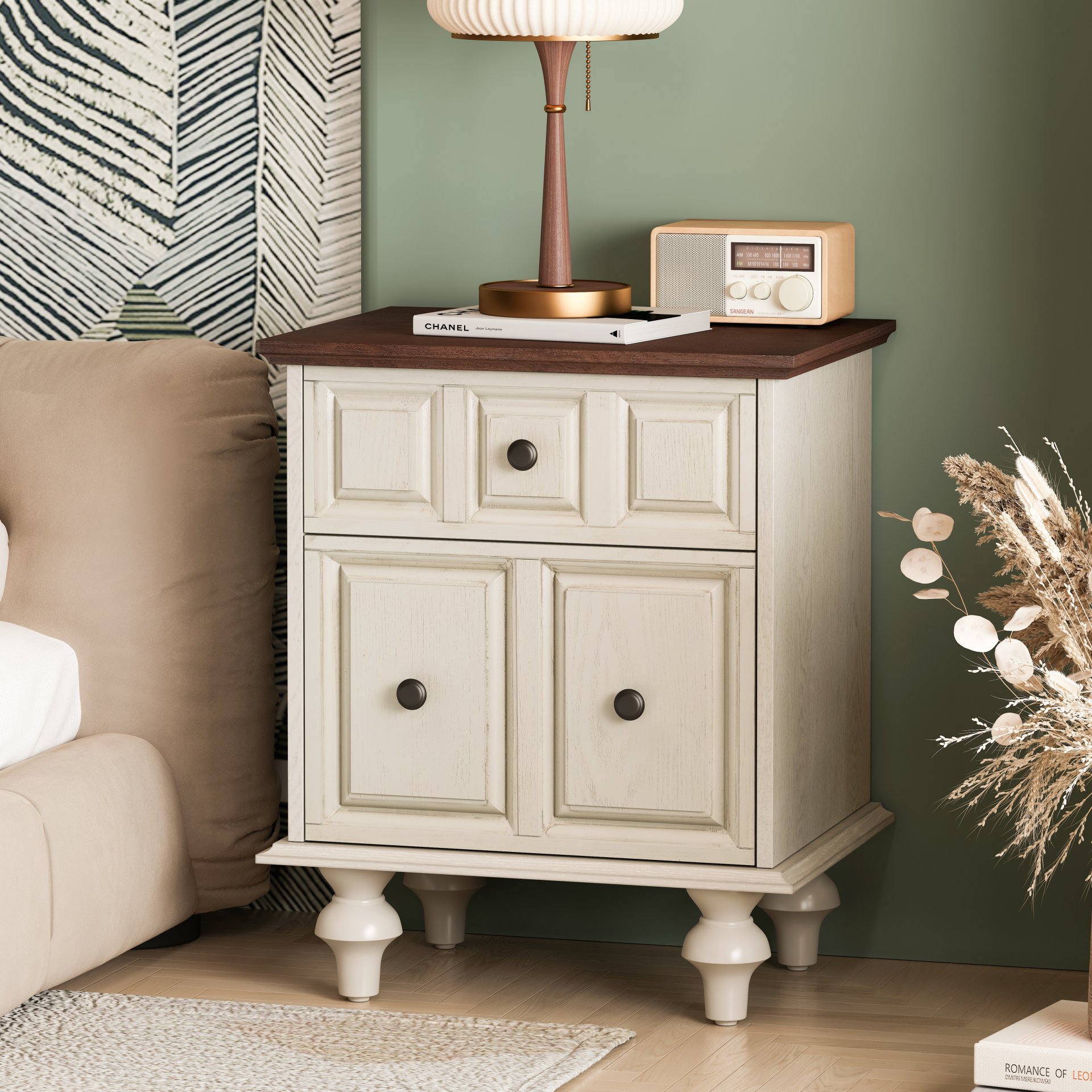 Nightstand With 2 Drawers And Roman Column Legs - Antique White - Image 8