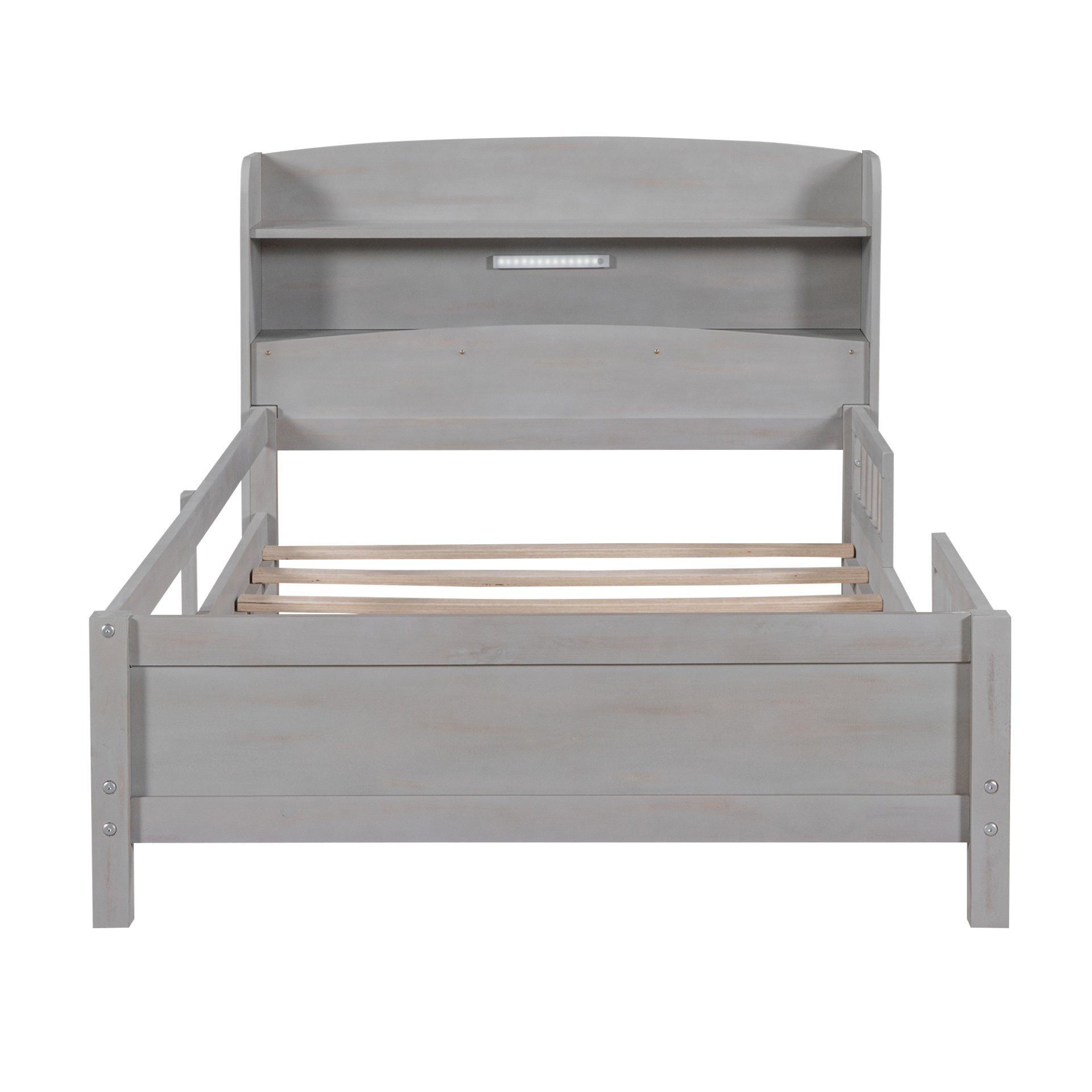 Twin Size Platform Bed With LED Light, Storage Headboard And Guardrail - Antique Gray - Image 8