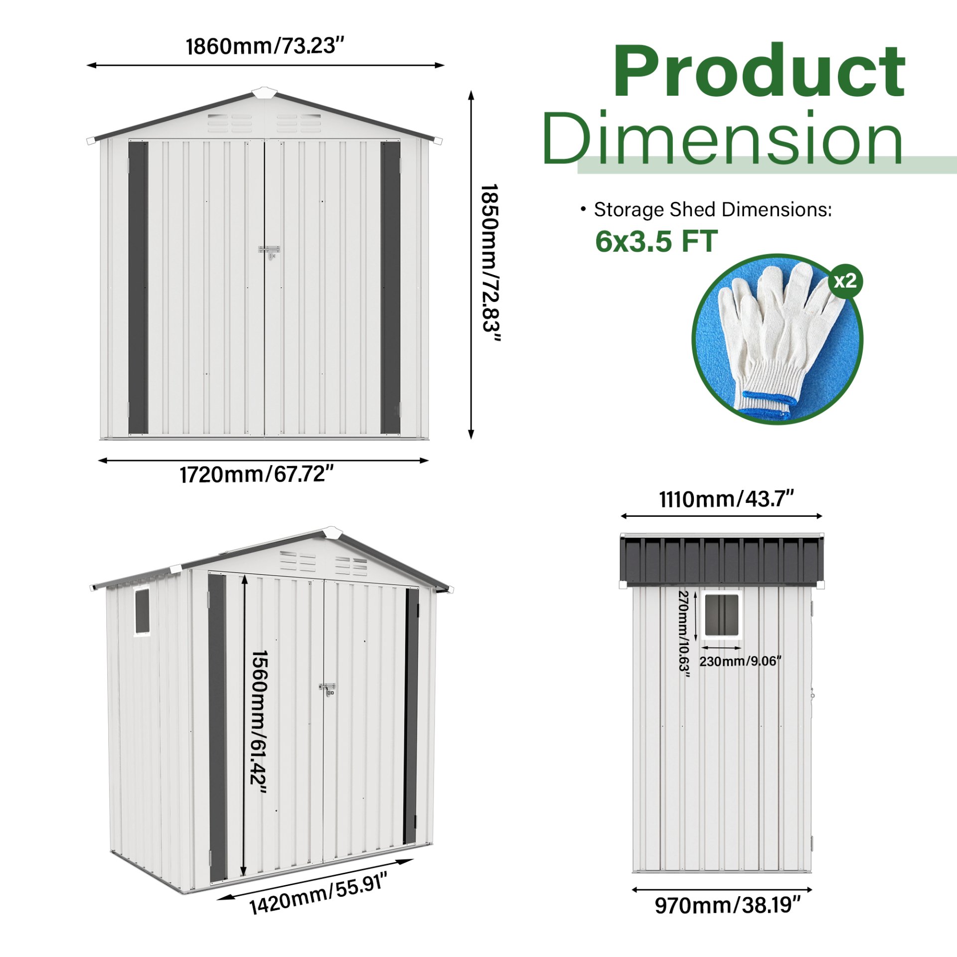 Garden Tool Shed, Storage Shed With Peaked Roof Waterproof Lockable Door - White / Gray - Image 3