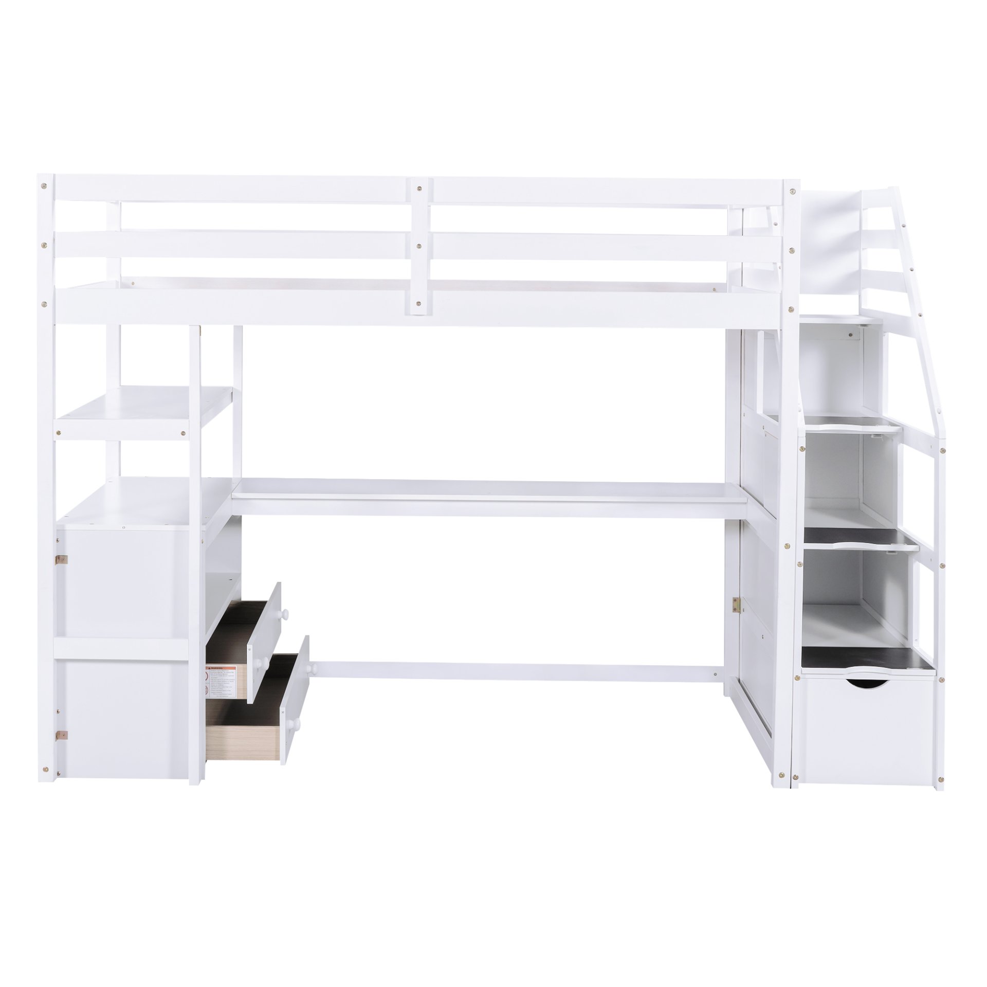 Twin Size Loft Bed With Built In Desk, Shelves, Drawers, And Storage Staircase - White - Image 7