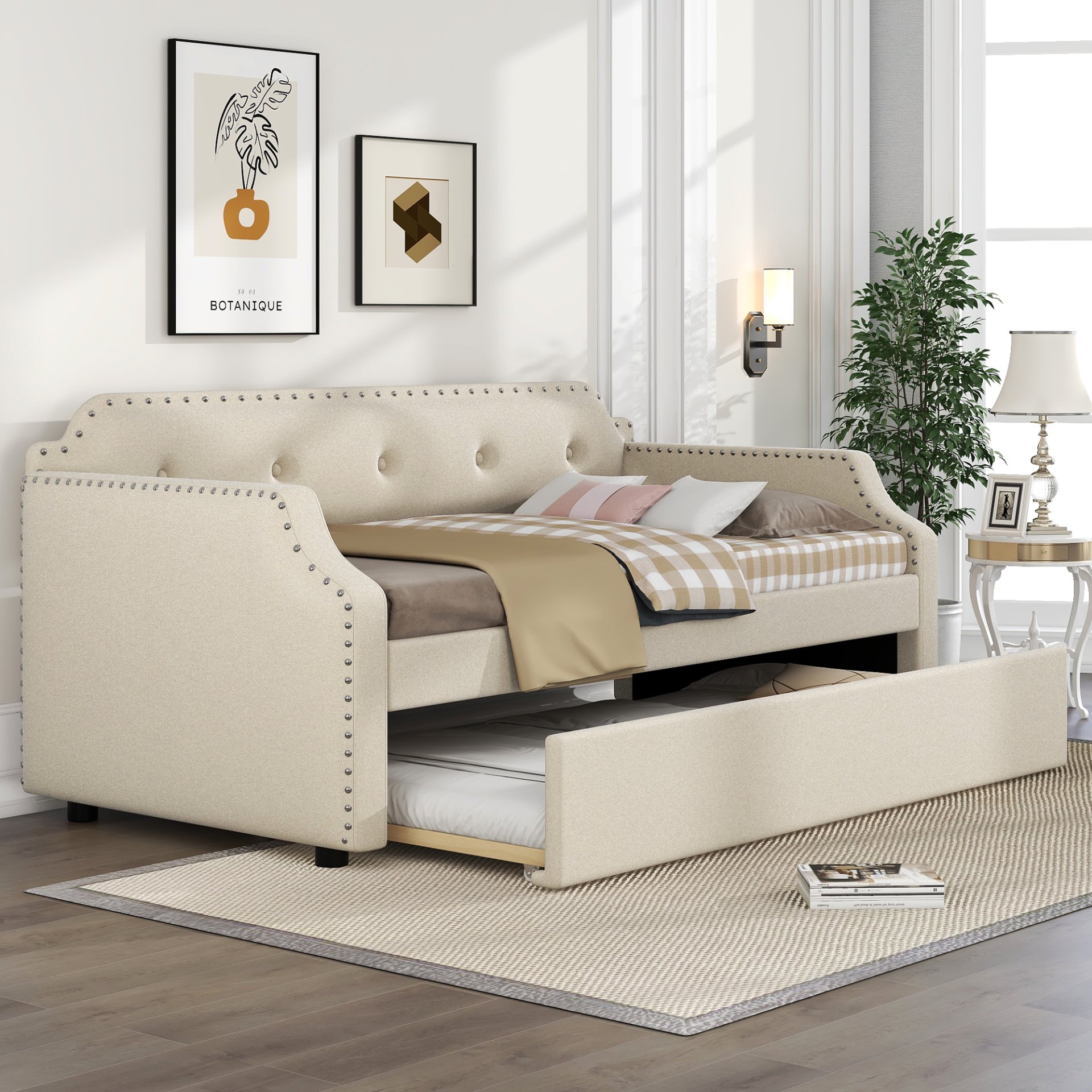 Upholstered Daybed With Trundle, Twin, Slat Support - Beige - Image 2