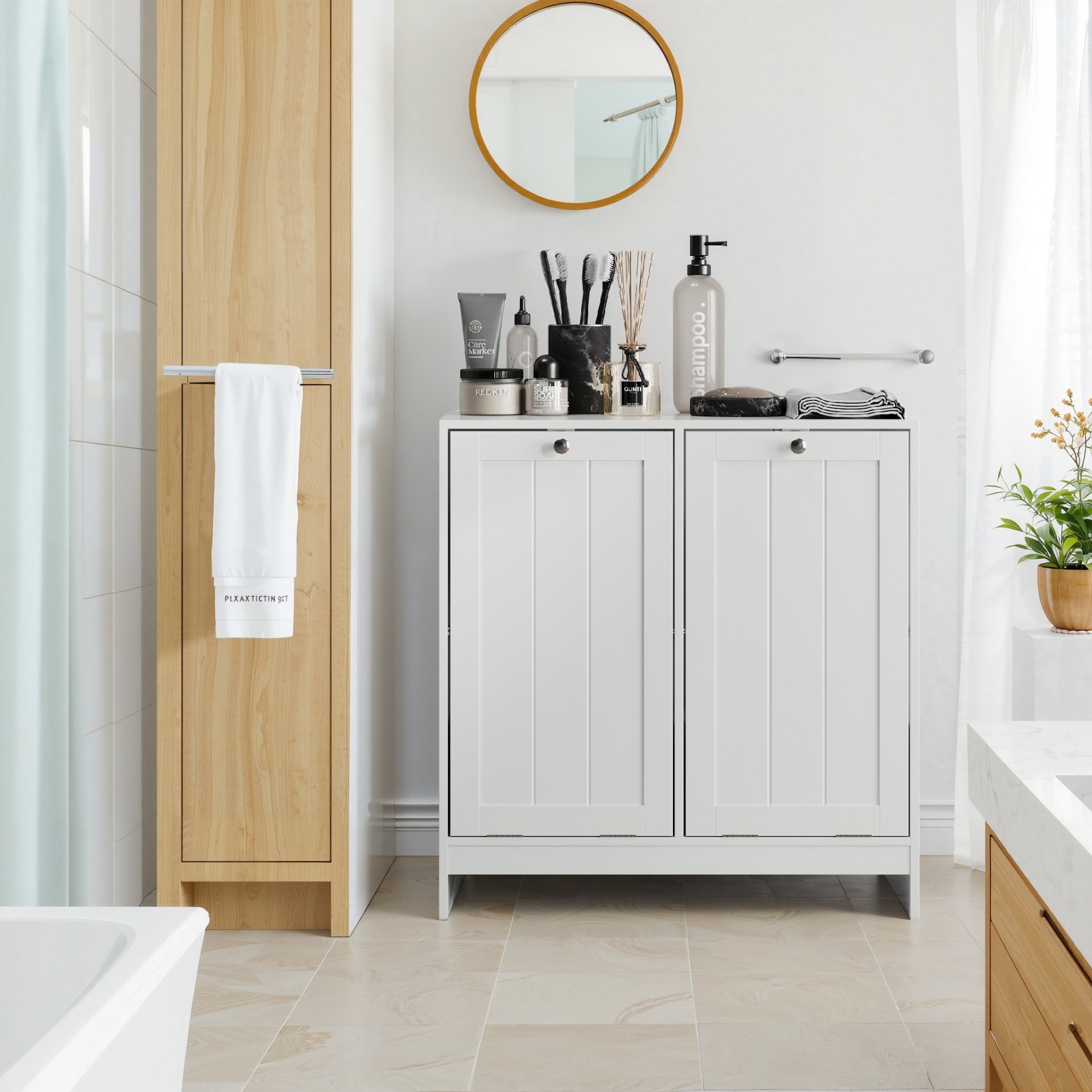 Tilted Laundry Hamper With Removable Basket, Hidden Laundry Hamper, Bathroom Storage Cabinet, Free Standing Organizer - White - Image 7