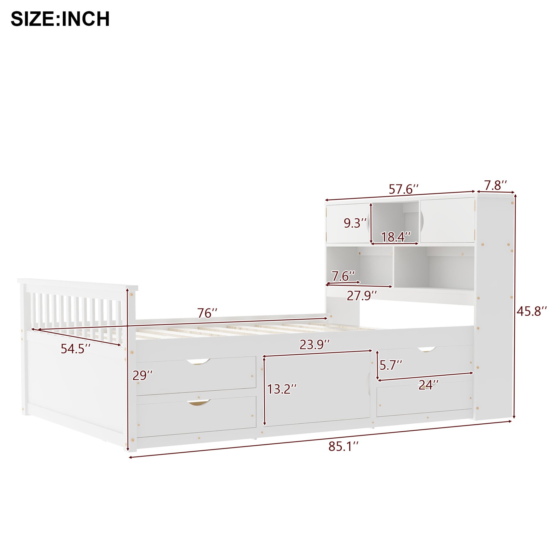 Full Size Captain Platform Bed Frame With Bookcase Headboard, Four Drawers, Storage Shelves - White - Image 3