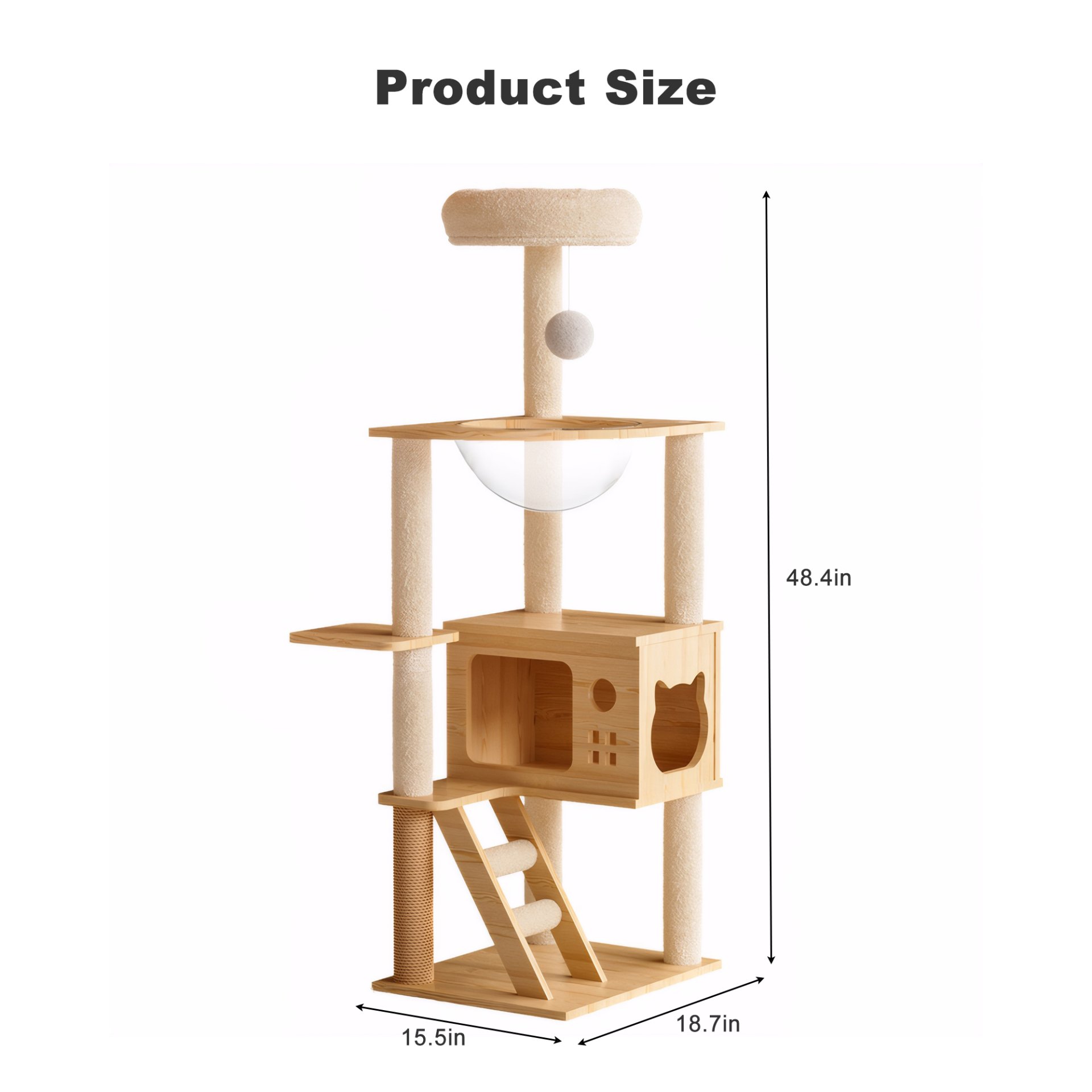 Modern Cat Tower, Wood Cat Tree Tower For Indoor Cats, Cat Tree With Sisal Covered Scratching Posts And Top Perch - Natural / White - Image 3