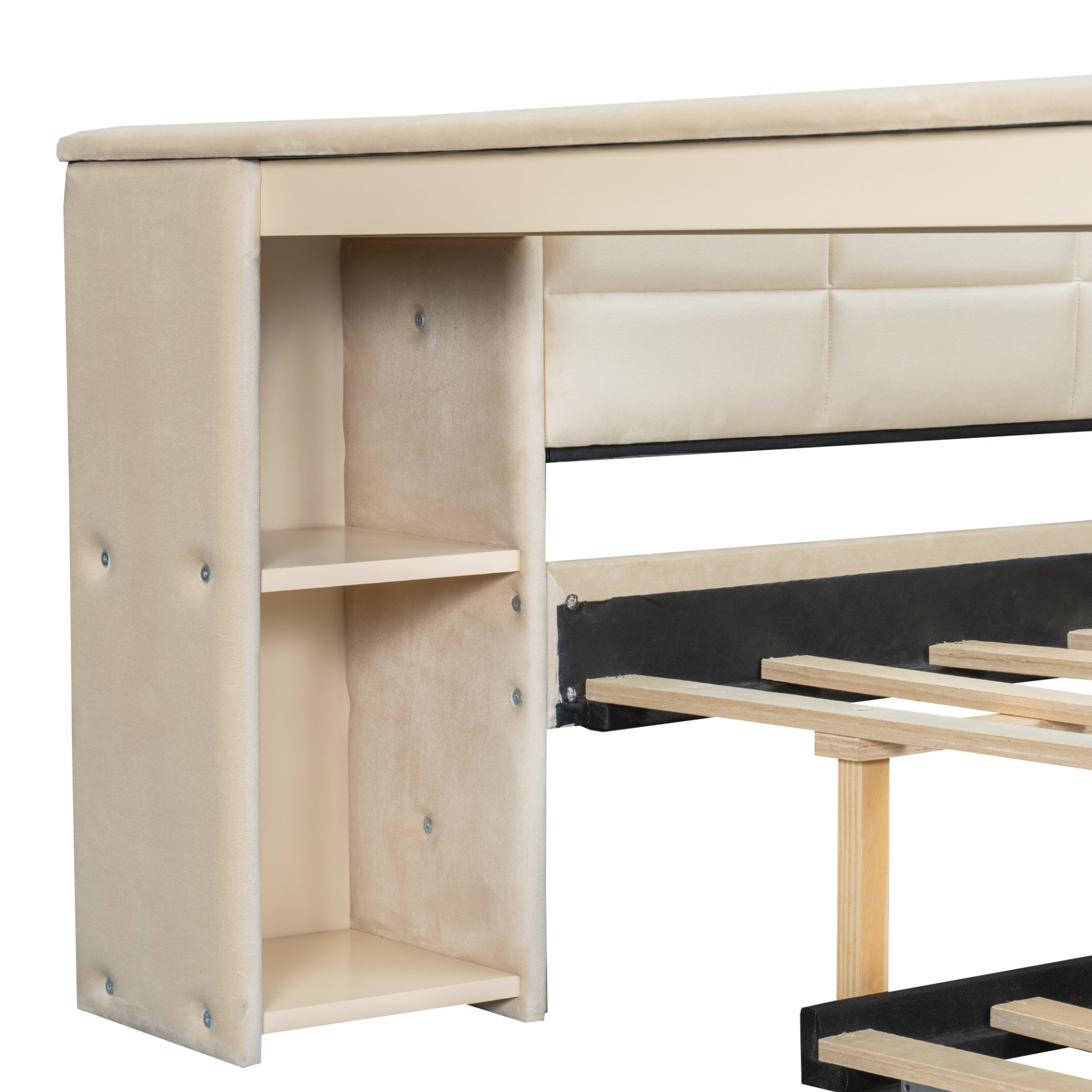 Upholstered Full Size Platform Bed With Storage Shelves, Desk, Charging Station And Trundle - Beige - Image 14