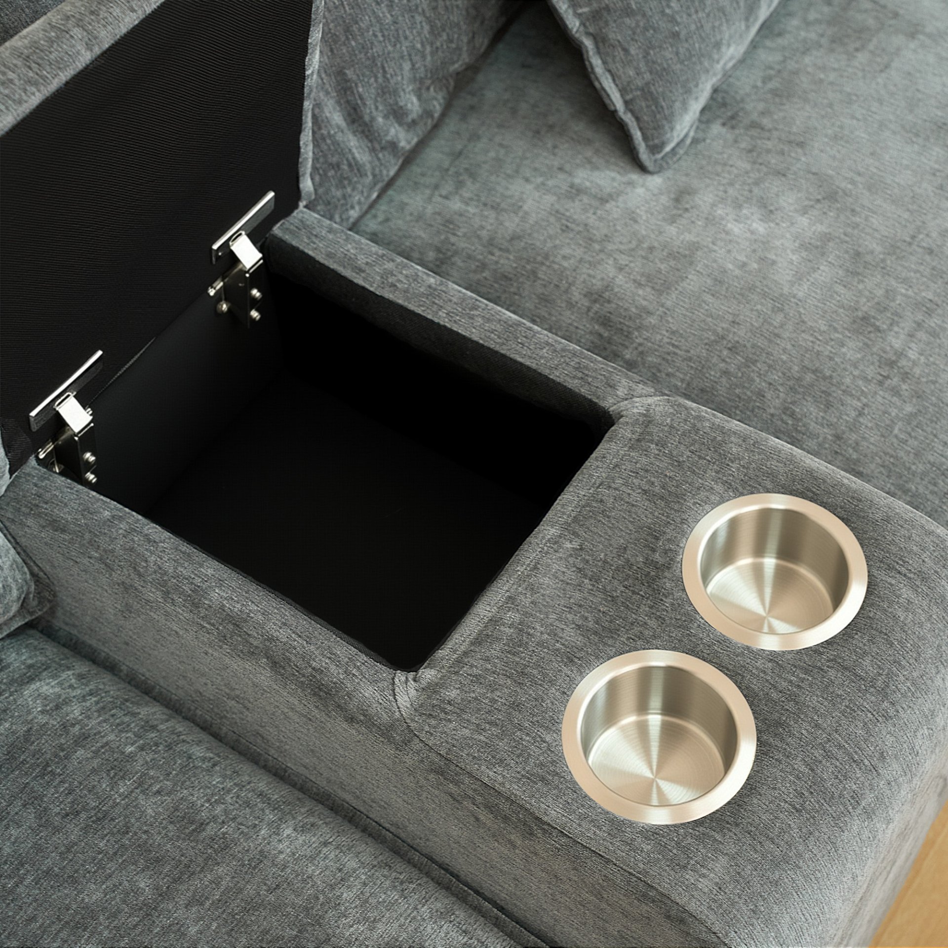 U Shaped Sectional Cloud Couch For Living Room, Fluffy Modular Sofa With Movable Ottoman 6 Seat Sectional Sofa Set With Console, Cup Holders - Gray - Image 9