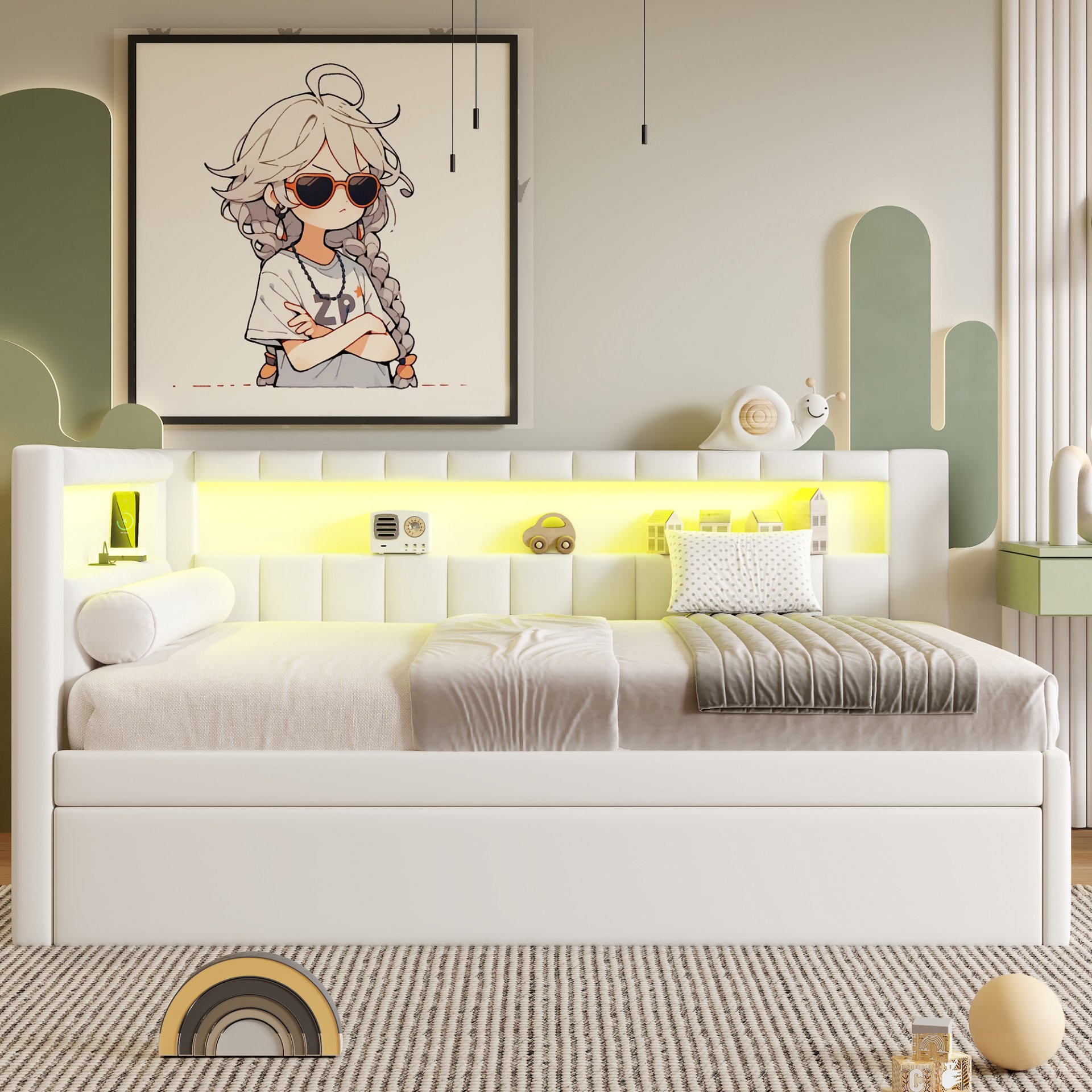 Full Size Upholstered Platform Bed With USB Ports, LED Belt And Trundle - White - Image 6