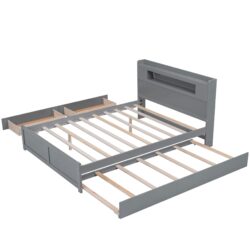 Queen Size Storage Platform Bed With LED Lights, 2 Drawers And Twin Trundle - Gray