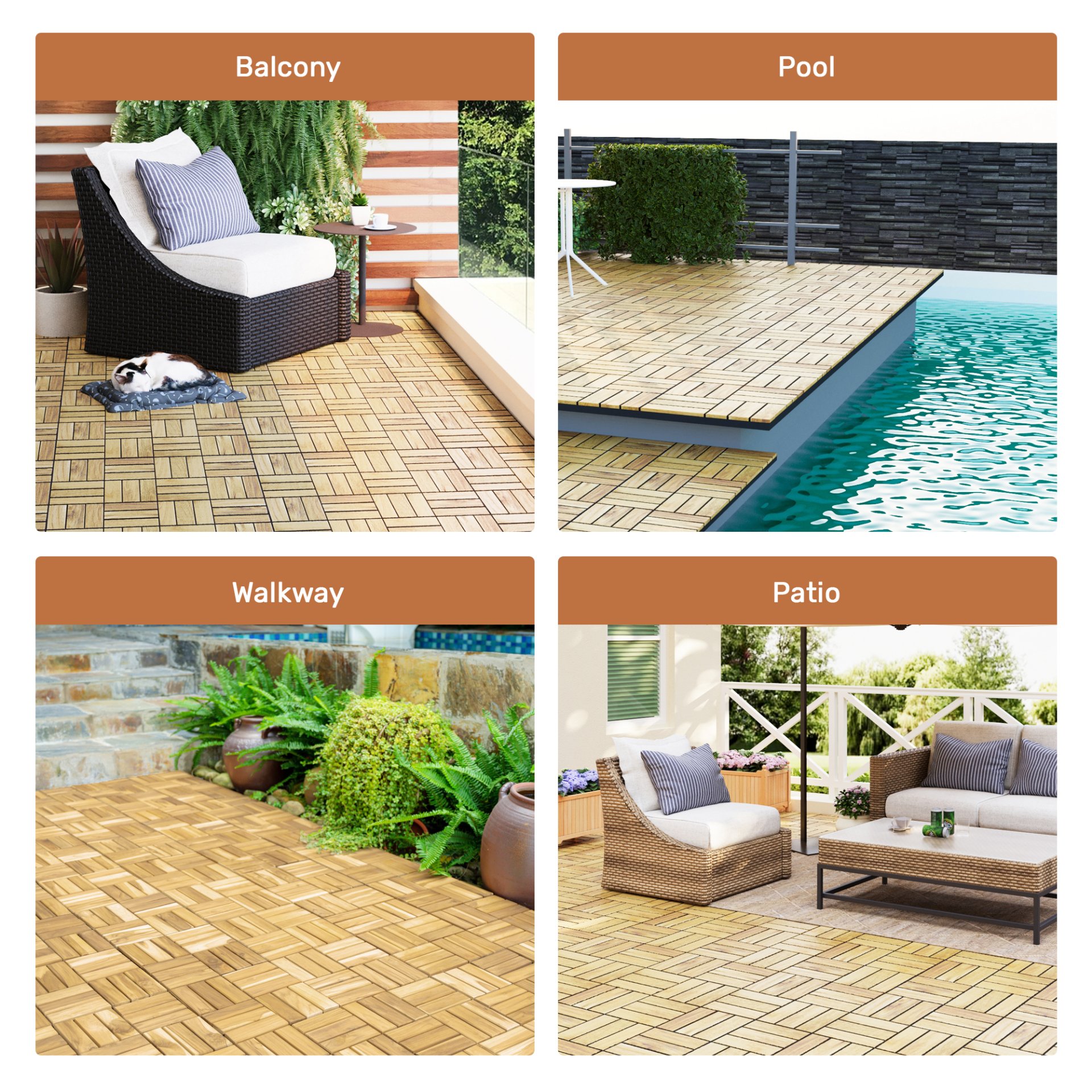 10 Piece Interlocking Deck Tiles Checker Pattern, Square Acacia Hardwood Outdoor Flooring For Patio, Bancony, Pool Side - Yellow - Image 37