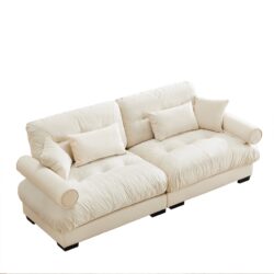 Modern Velvet 2 Seater Sofa & Bolstered Armrests And Pillows - Cream