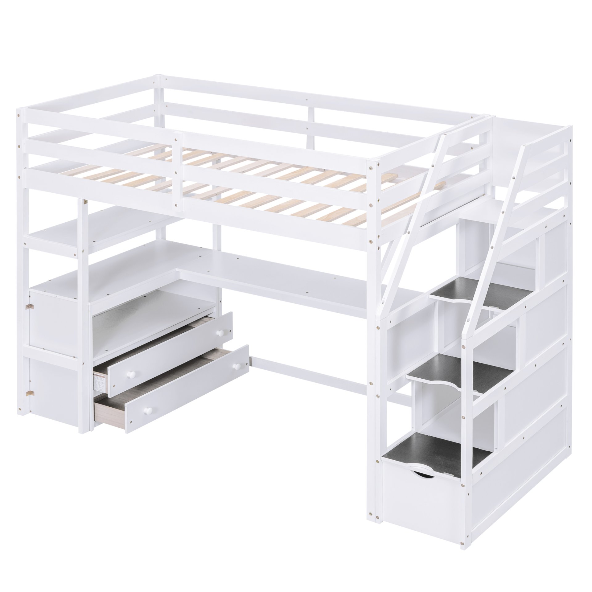 Twin Size Loft Bed With Built In Desk, Shelves, Drawers, And Storage Staircase - White - Image 9