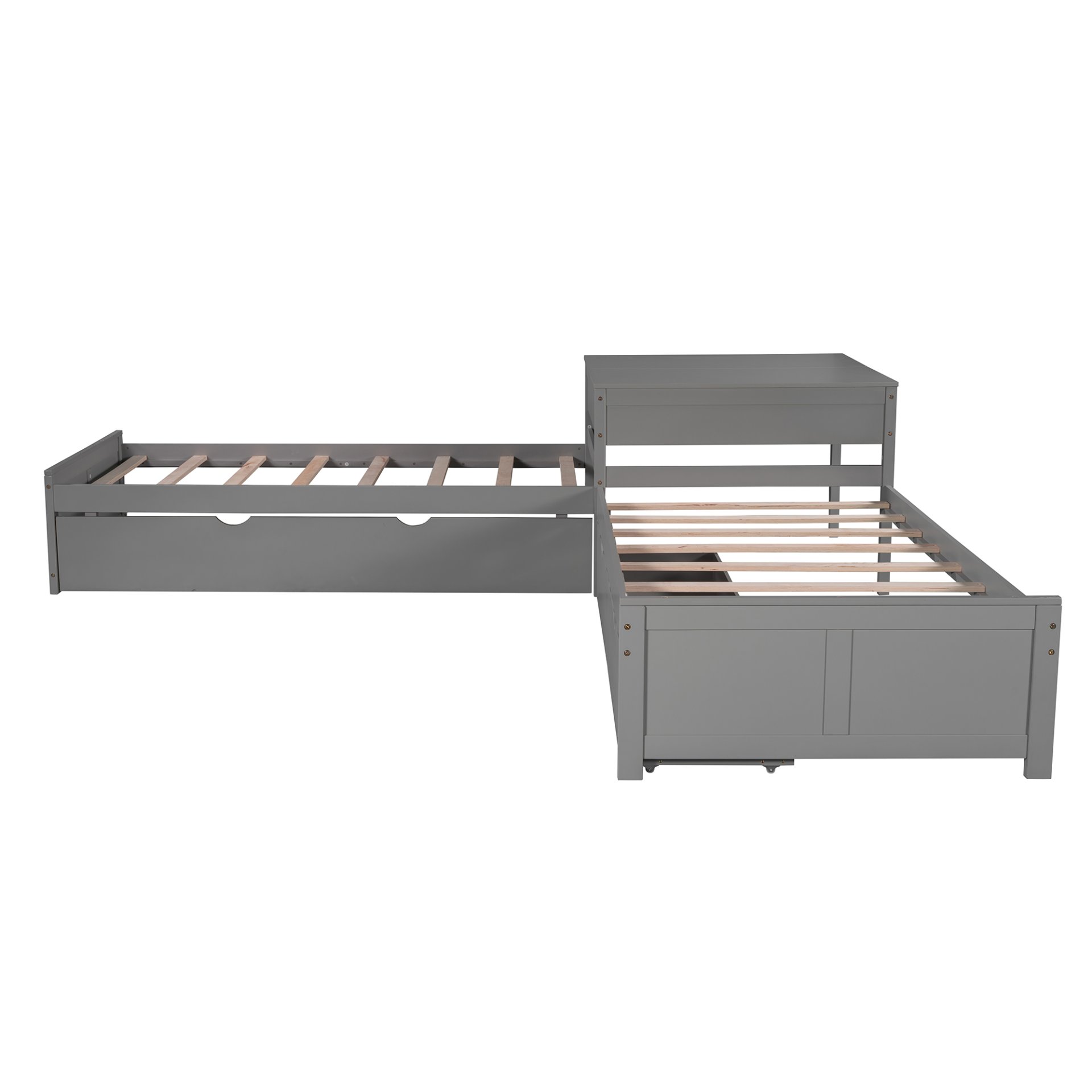 L-Shaped Platform Bed With Trundle And Drawers Linked With Built In Desk, Twin - Gray - Image 12
