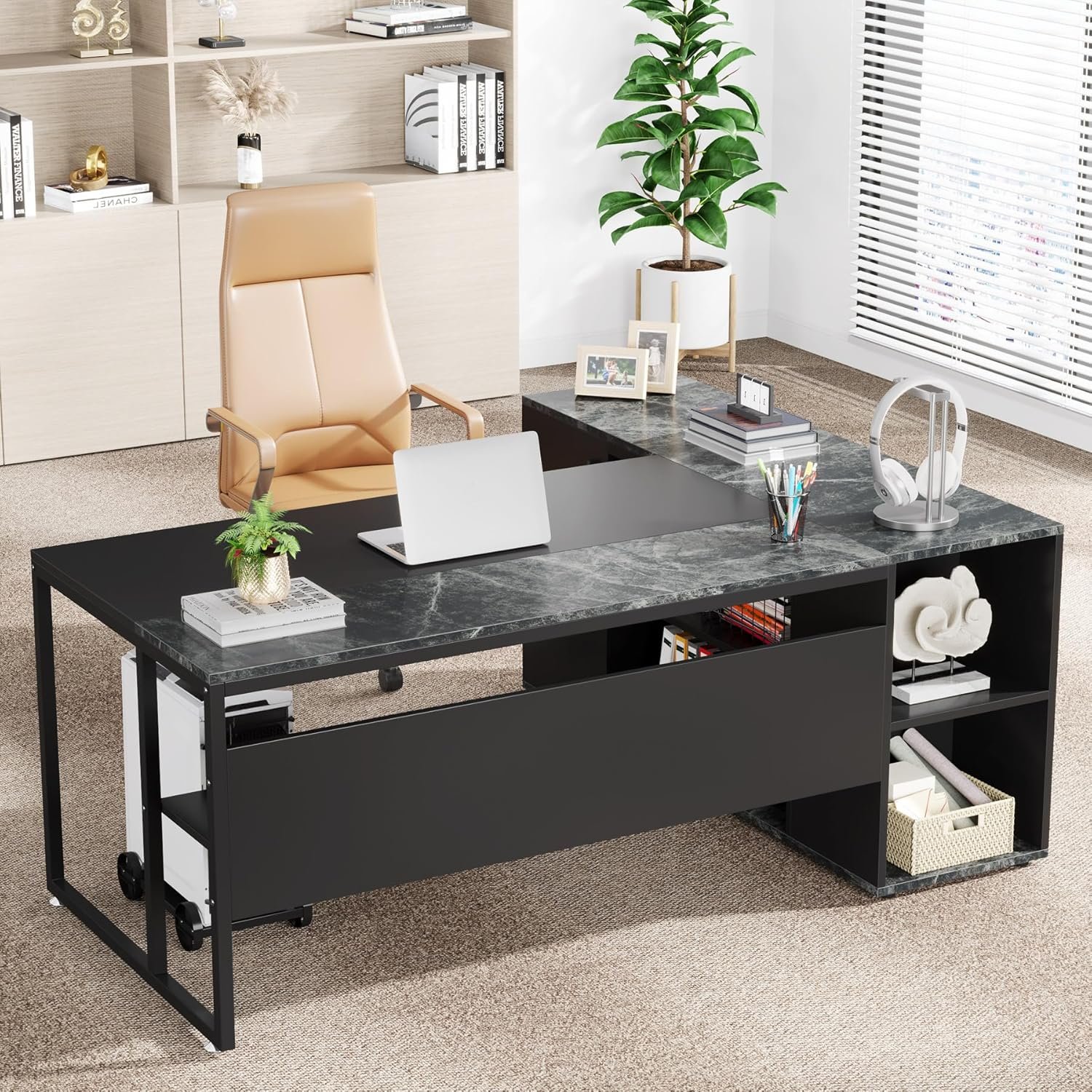 L-Shaped Executive Desk & Cabinet Storage, Office Furniture Set For Home - Gray / Black - Image 9