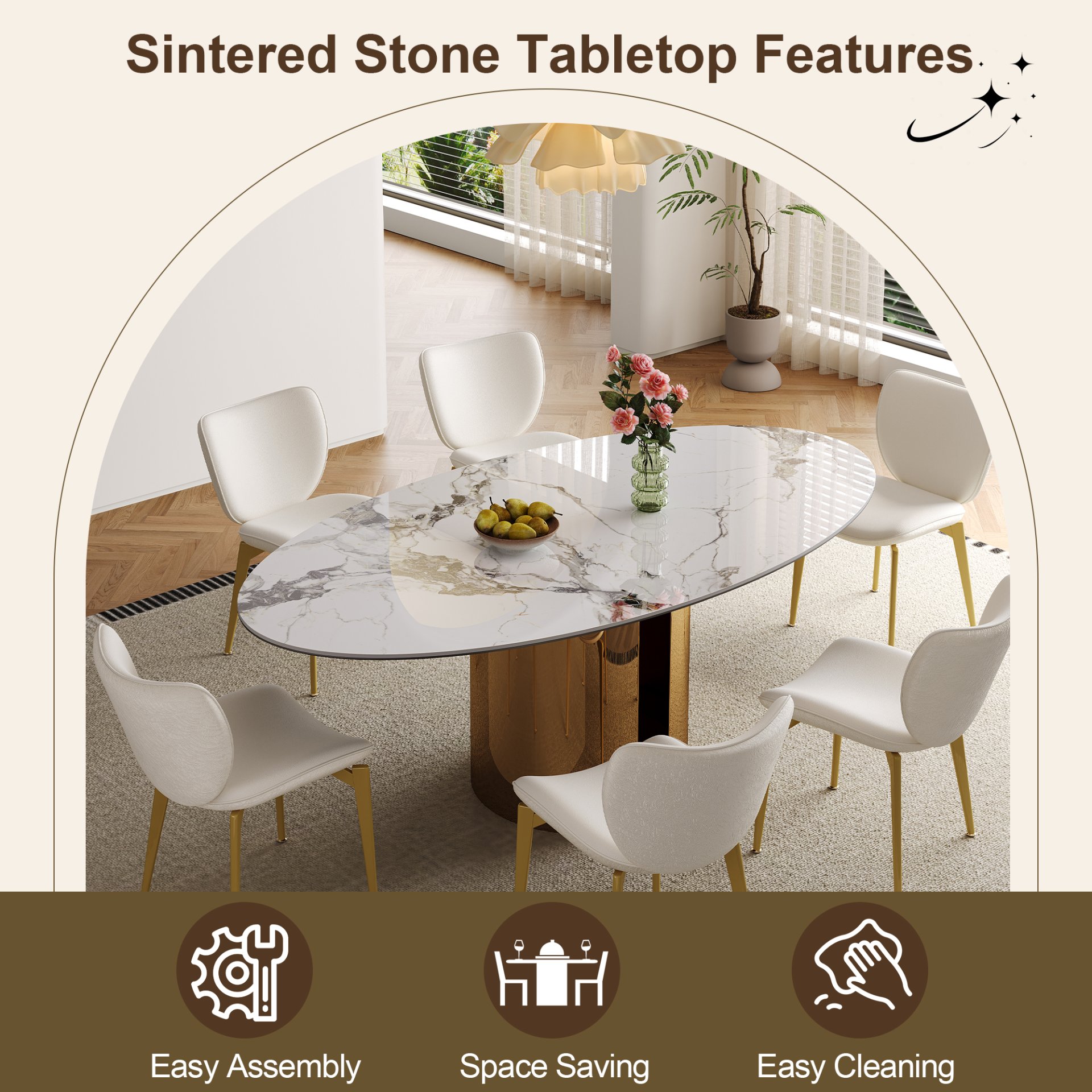 Oval Sintered Stone Dining Table With 6 Chairs - Brown / White - Image 6