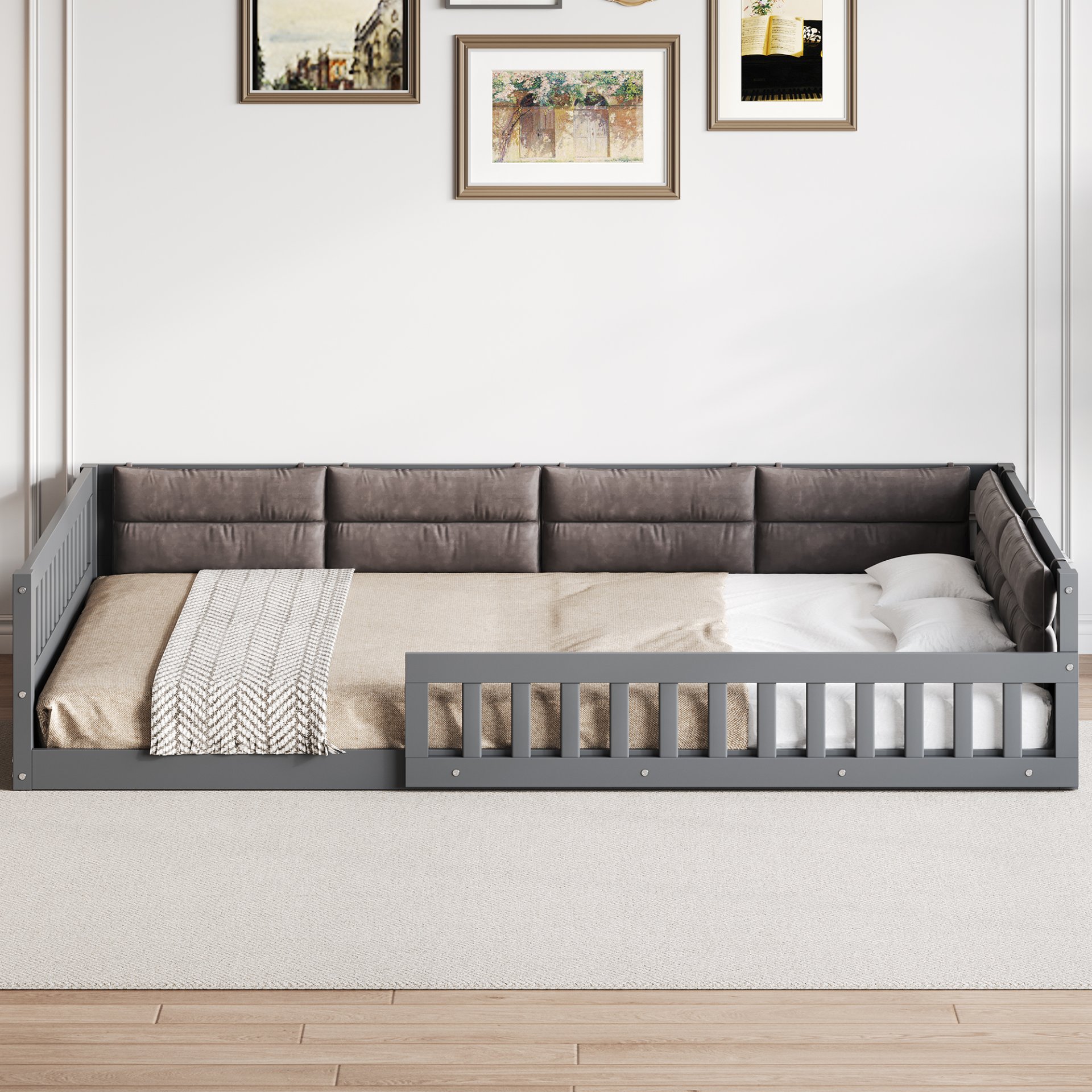 Upholstered Platform Bed With Guardrail And Pillow, Full Size - Gray - Image 2