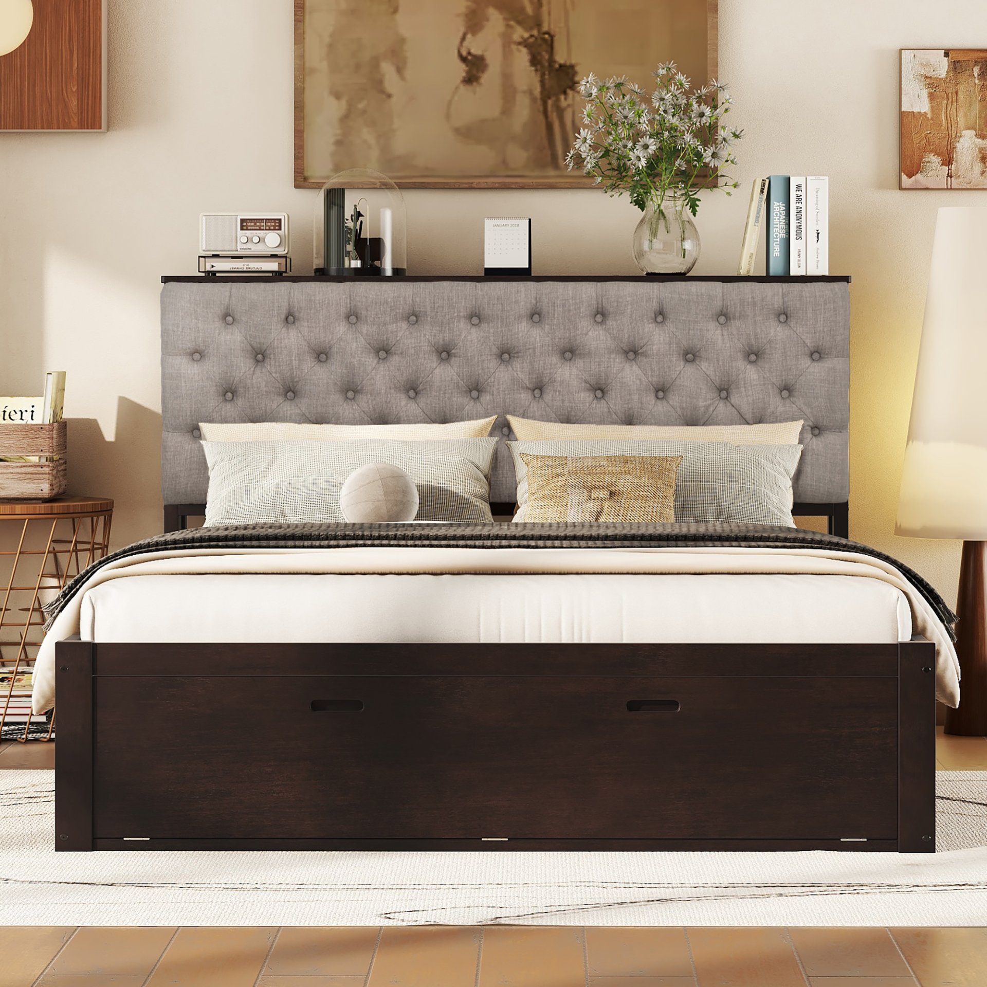 Queen Size Platform Bed With Storage Headboard, Shoe Rack And 4 Drawers - Espresso - Image 4