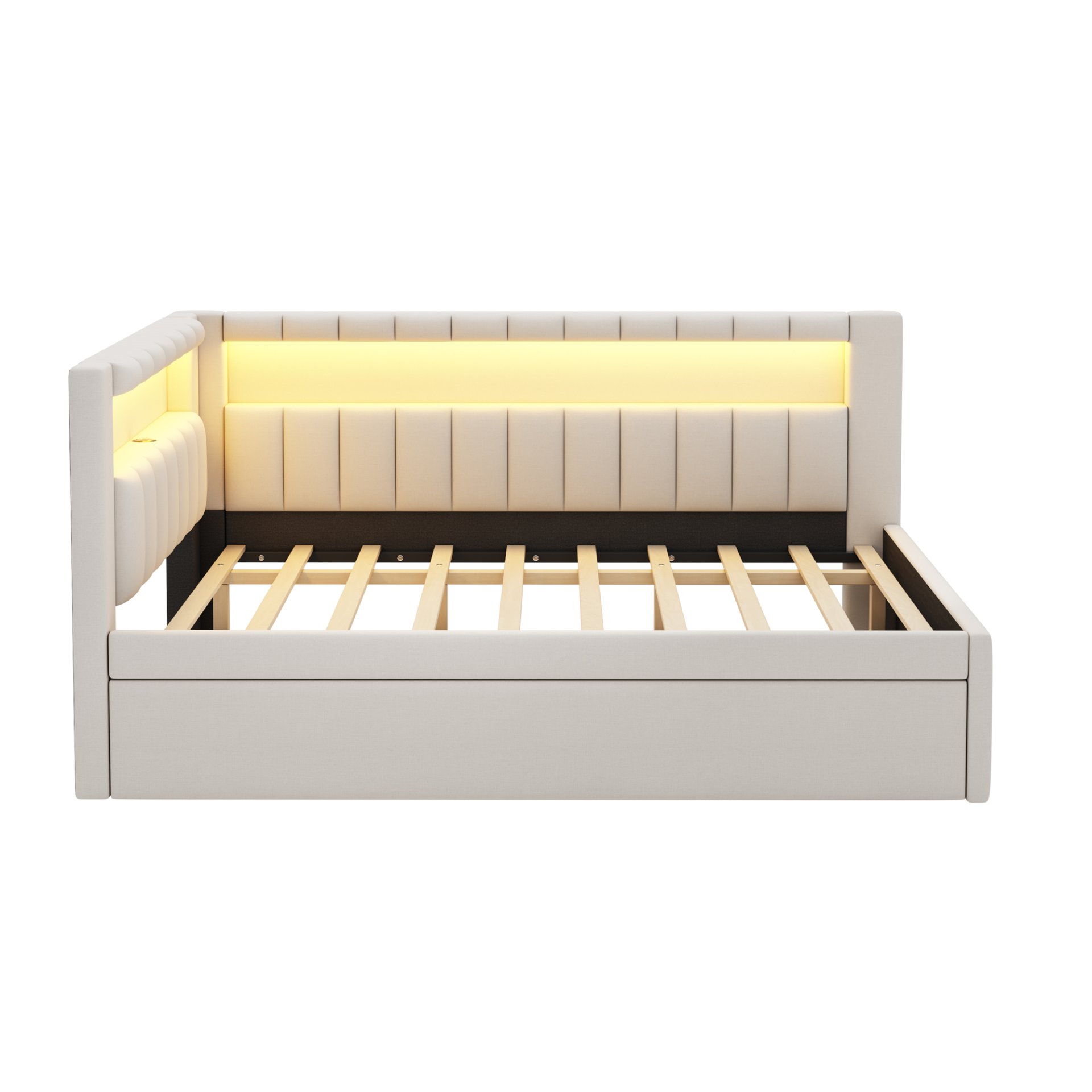 Full Size Upholstered Platform Bed With USB Ports, LED Belt And Trundle - White - Image 8