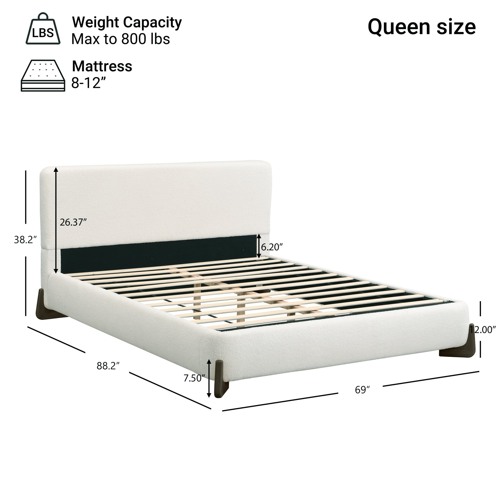 Queen Size, Boucle Upholstered Bed - White - Image 3