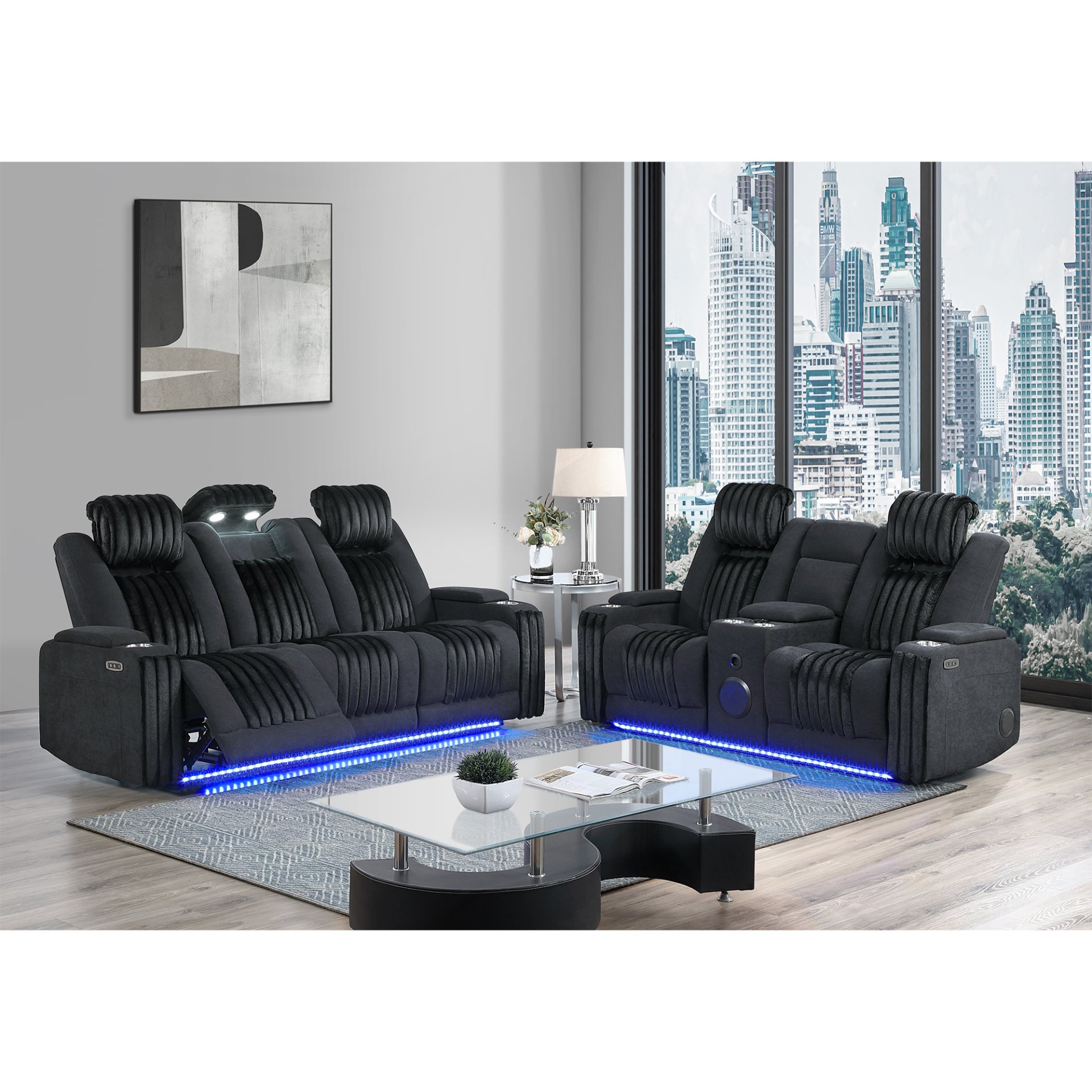 Duran - Power Reclining Loveseat, LED Light And Bluetooth Speaker - Black - Image 9