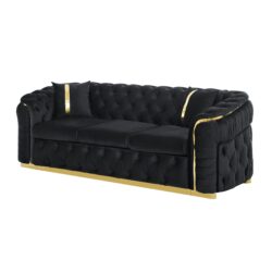 Velvet Button Tufted Sofa Couch With 2 Pillows 3 Seater Luxury Chesterfield Sofa Set With Stainless Steel Accents For Living Room - Black