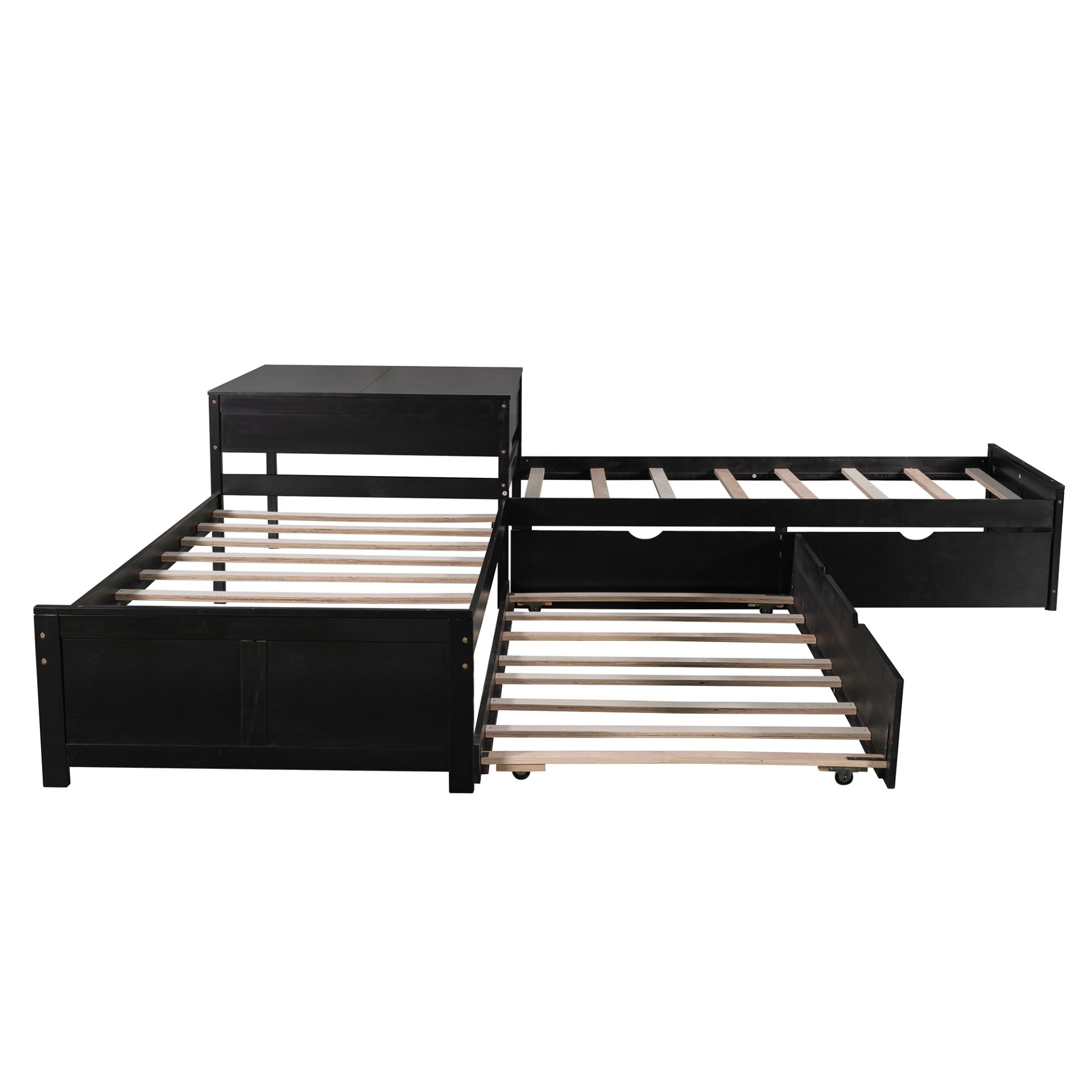 L-Shaped Platform Bed With Trundle And Drawers Linked With Built In Desk, Twin - Espresso - Image 7