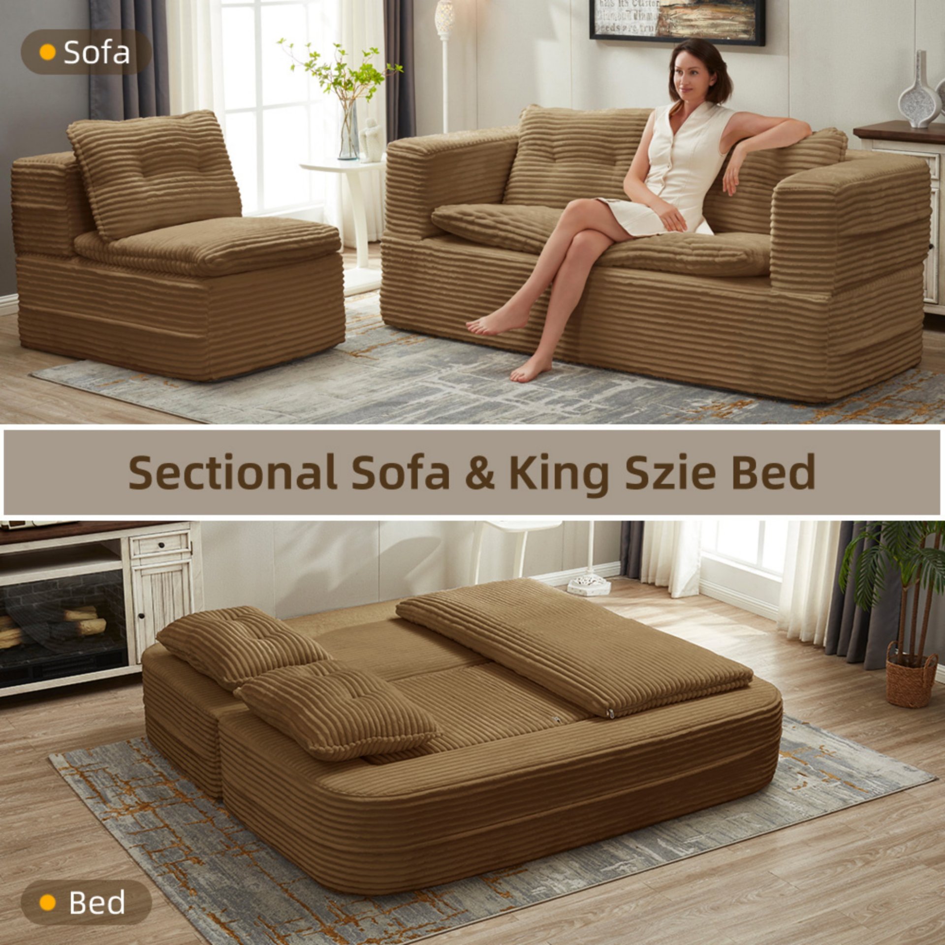 Multi Functional Sectional Sofa Bed With Independent Chaise Lounge And Functional Blanket - Camel - Image 14