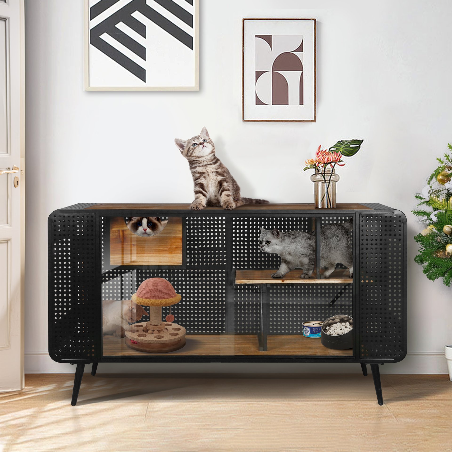 Modern Spacious Cat House With Tempered Glass And Iron Frame For Living Room - Black / Brown - Image 2