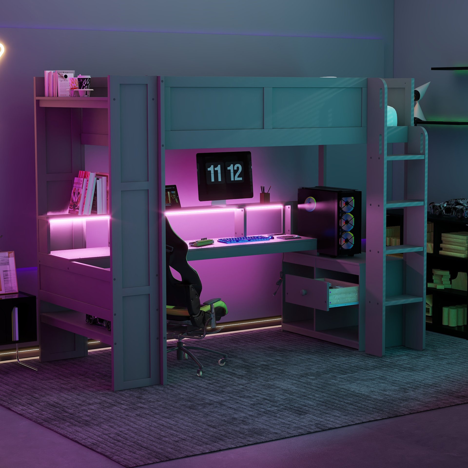 Twin Size Gaming Loft Bed With Desk, Multi Storage Shelves, LED And Charging Station - Dark Gray - Image 2