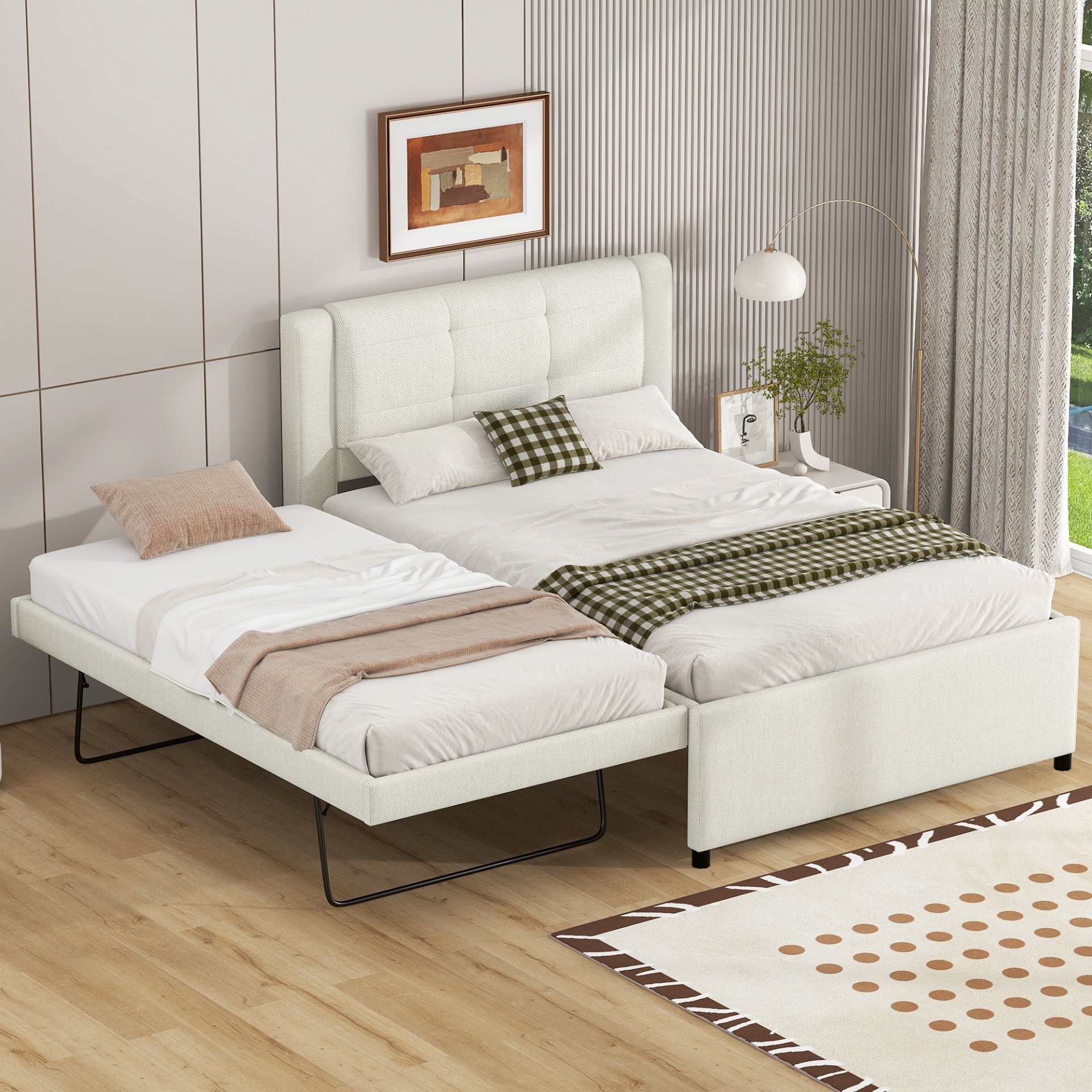 Full Size Upholstered Platform Bed With Adjustable Trundle - Beige - Image 2