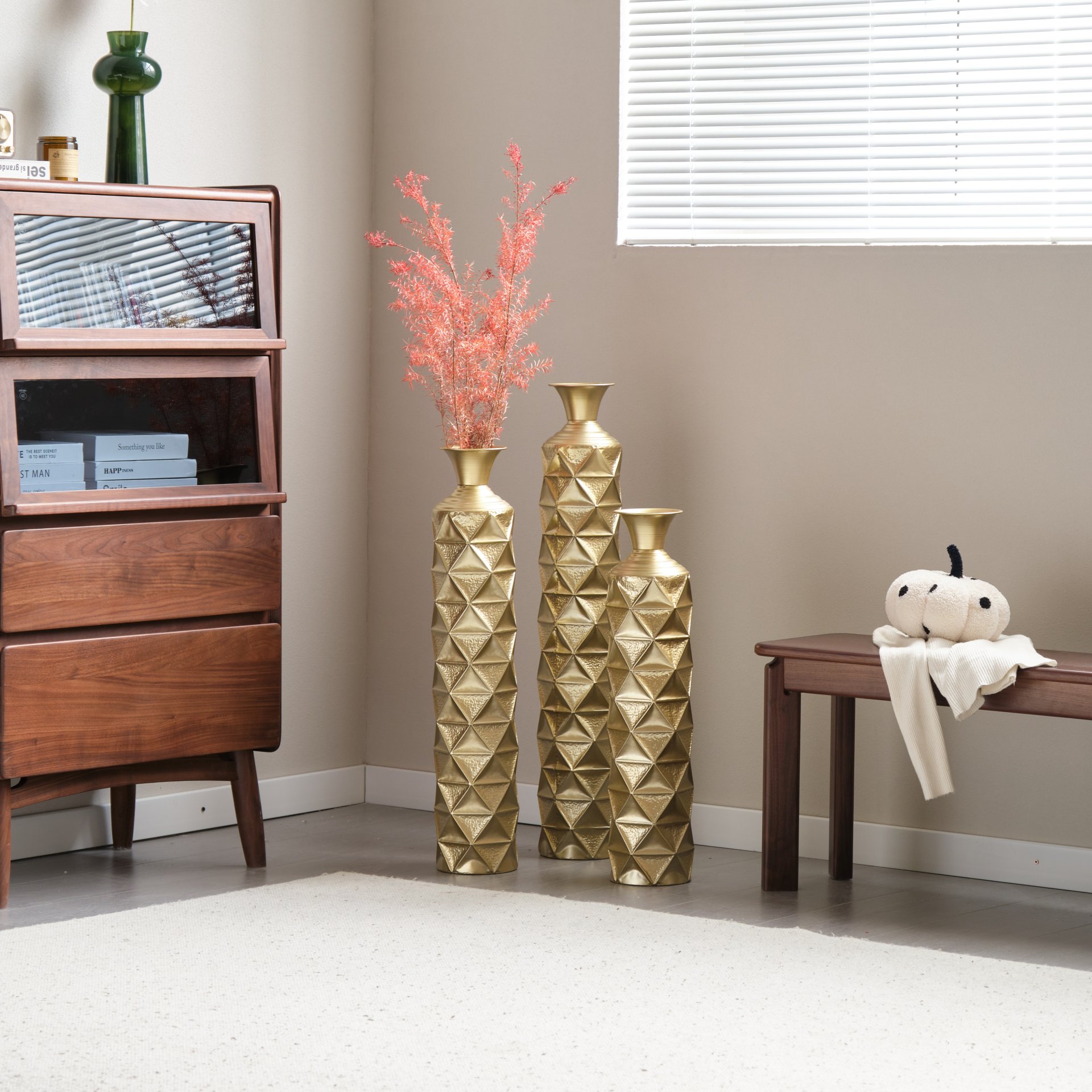 Metal Decorative Vase High Distress Metal Center Vase With 3D Triangle Pattern, (Set of 3) Vases For Home Decoration - Gold - Image 13