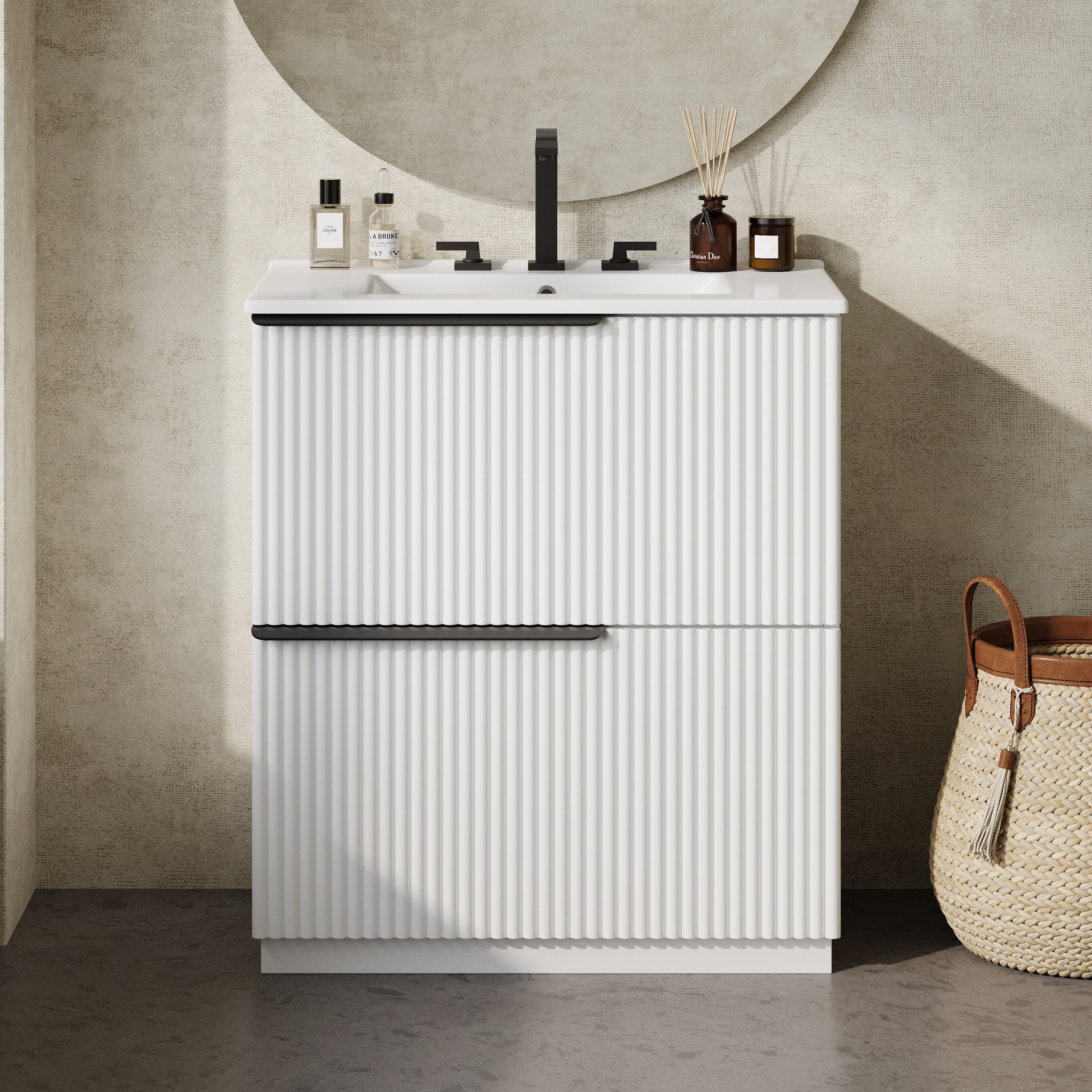 Fluted Bathroom Vanity With Sink, Full Extension Soft Close Drawers - White - Image 2