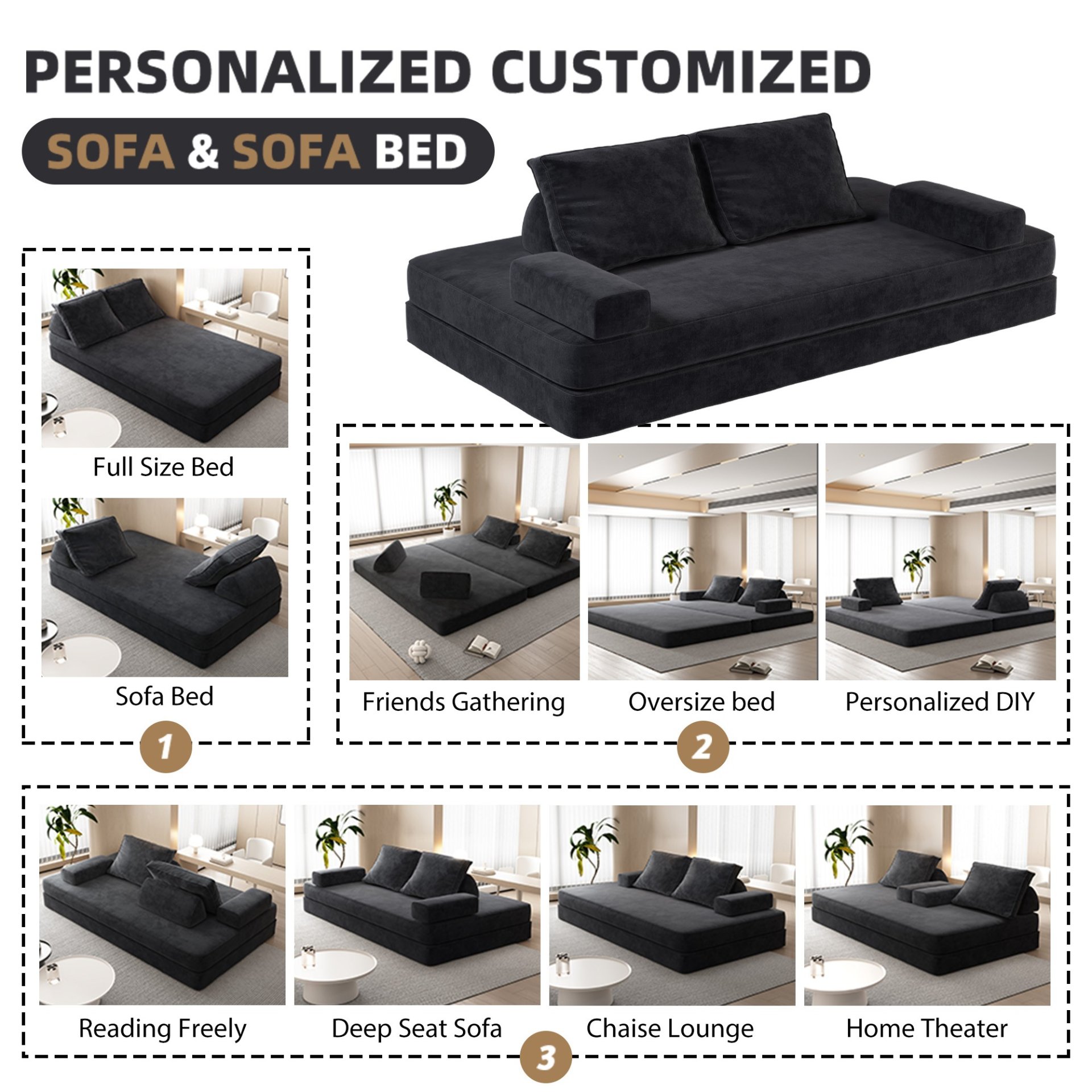 Multifunctional Convertible Sofa Bed With 2 Tumbler Backrests And 2 Pillows, Diy Modern Upholstered Couch - Dark Gray - Image 22