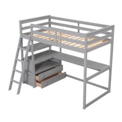 Twin Size Loft Bed With Desk, Shelves, And 2 Drawers - Gray