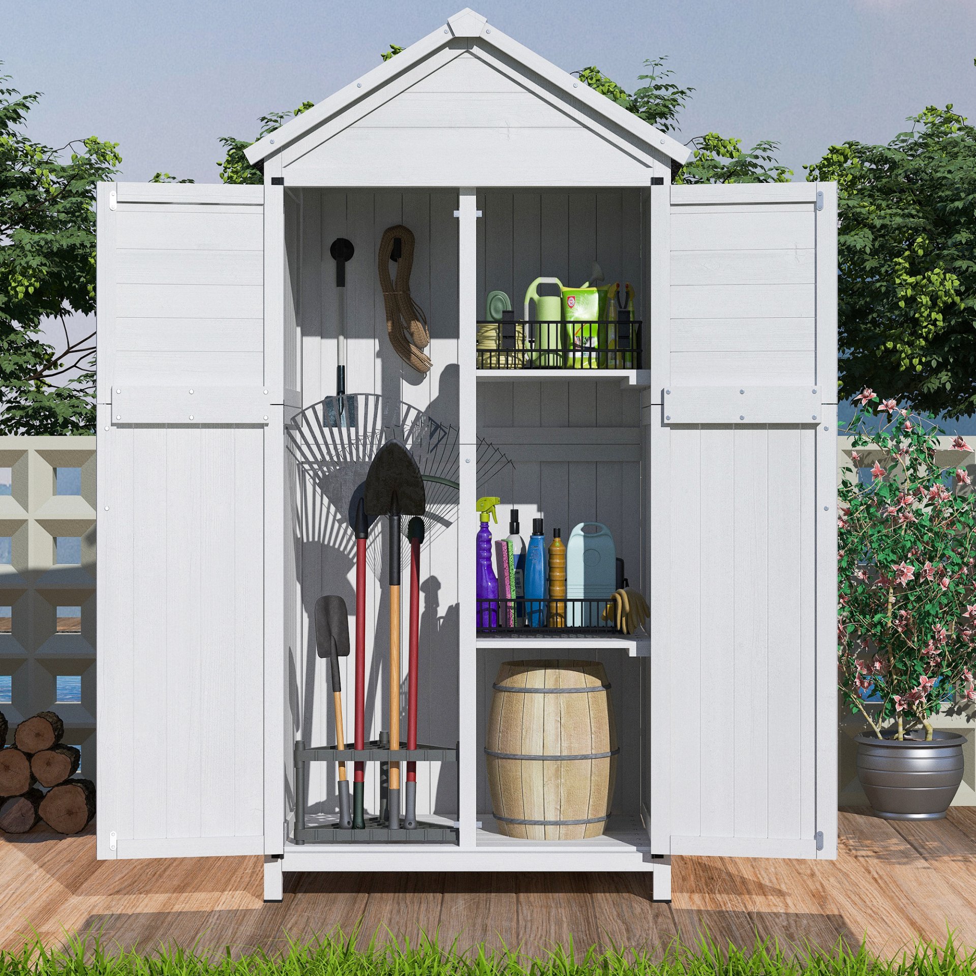 Storage Shed With Double Doors For Outdoor Garden Tool Organization - White - Image 2