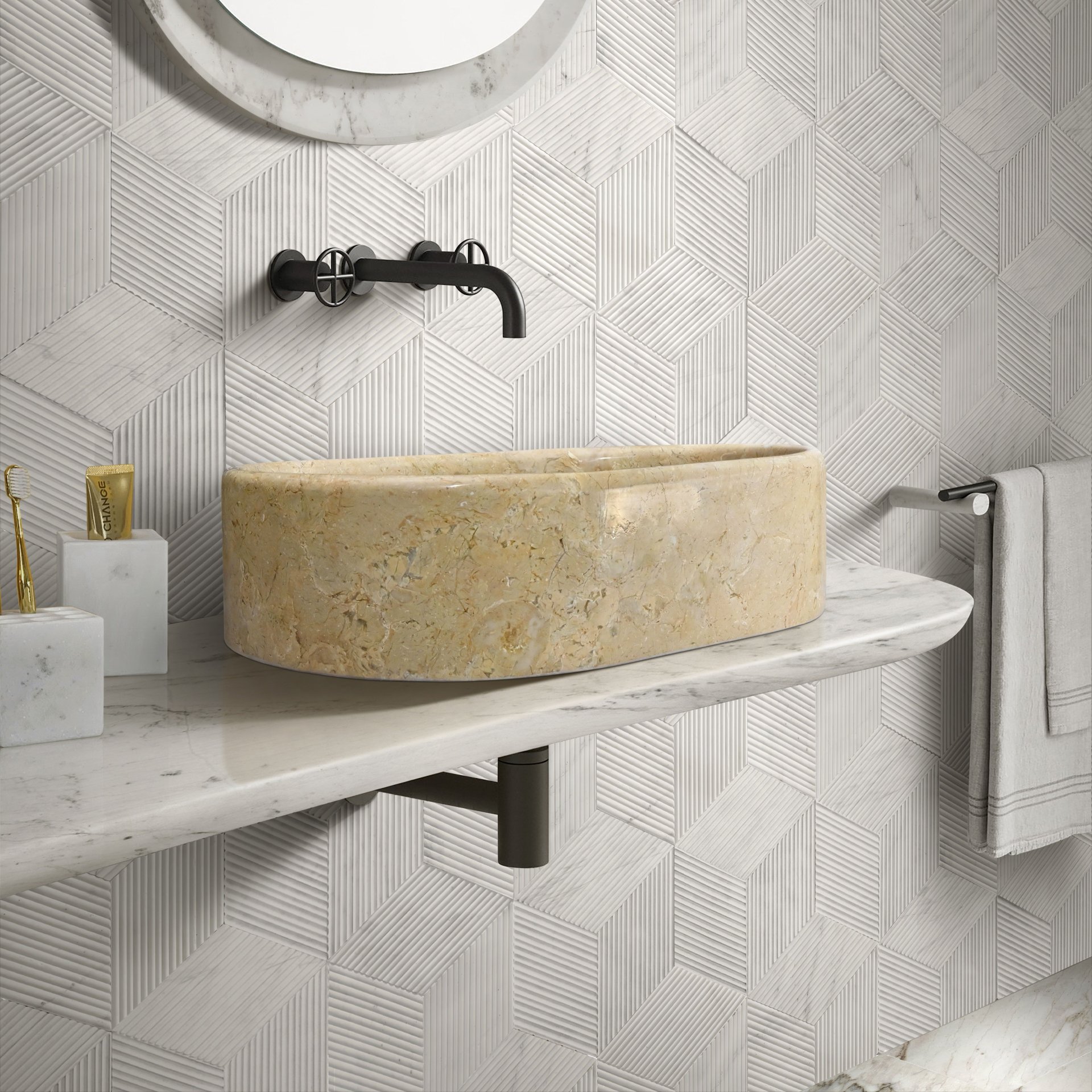 Vessel Sink, Semi Polished Surface, Genuine Real Marble, Oval Shape - Beige / Gold - Image 4