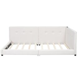 Upholstered Queen Size Platform Bed With USB Ports And LED Belt - Beige