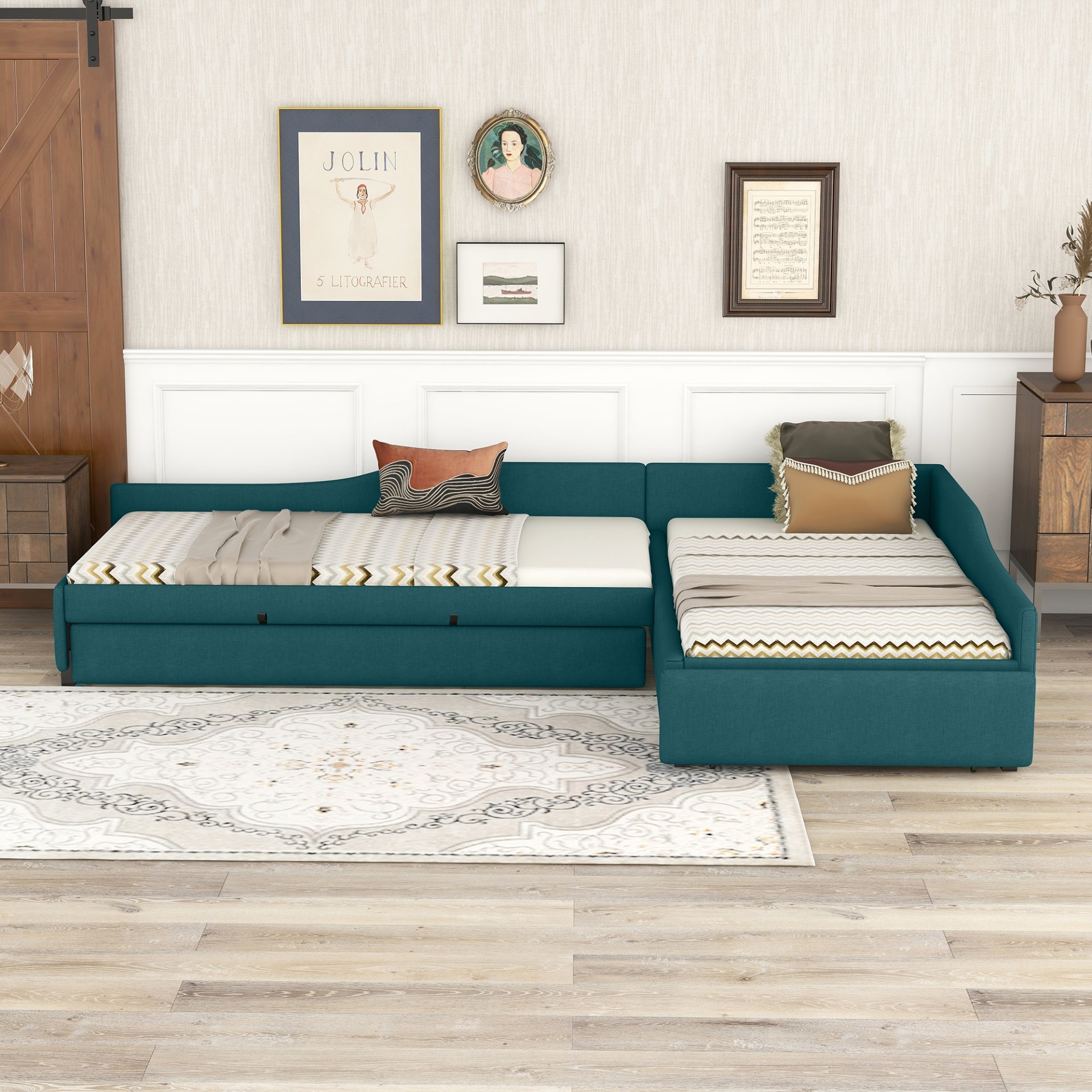 Upholstered Double Twin Daybed With Trundle And Drawer - Green - Image 5