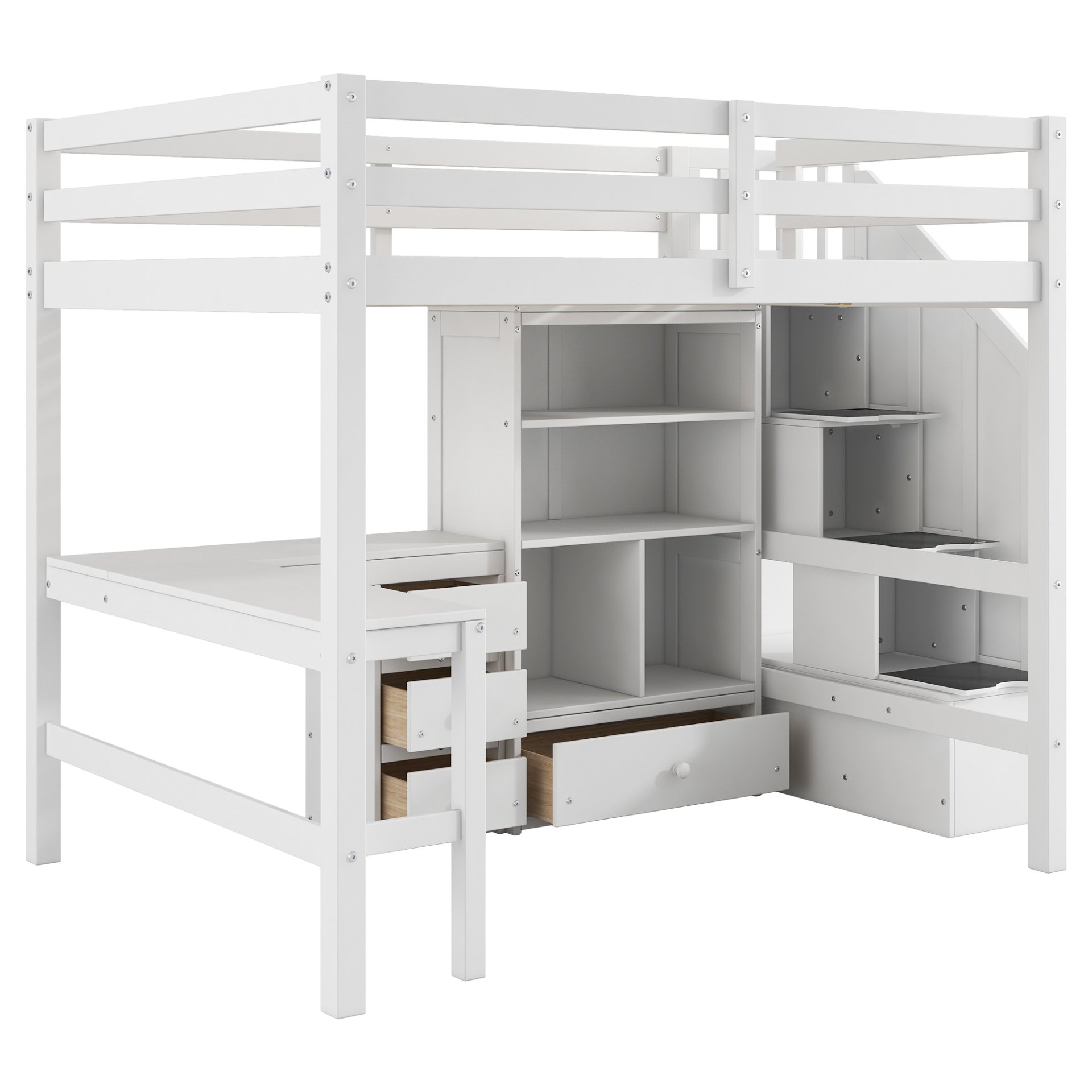Full Size Loft Bed With L-Shaped Desk, Drawers, Cabinet, And Storage Staircase - White - Image 6