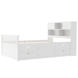 Full Size Captain Platform Bed Frame With Bookcase Headboard, Four Drawers, Storage Shelves - White